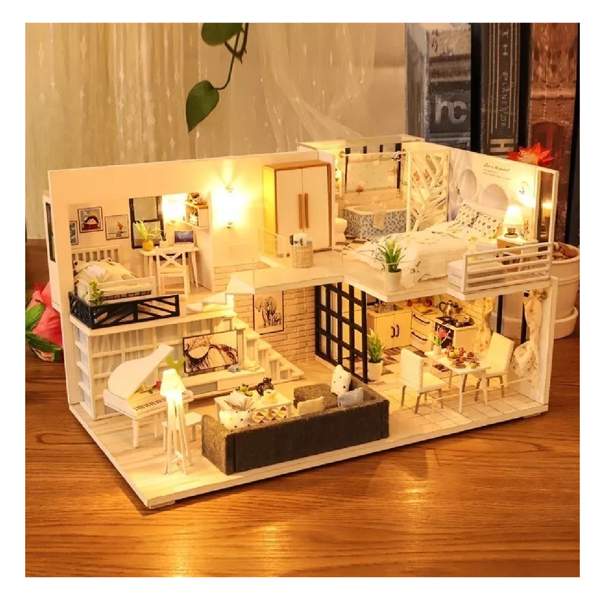 Foto 2 | Casita De Muñeca Madera Miniatura Con Muebles Música Led Cafe