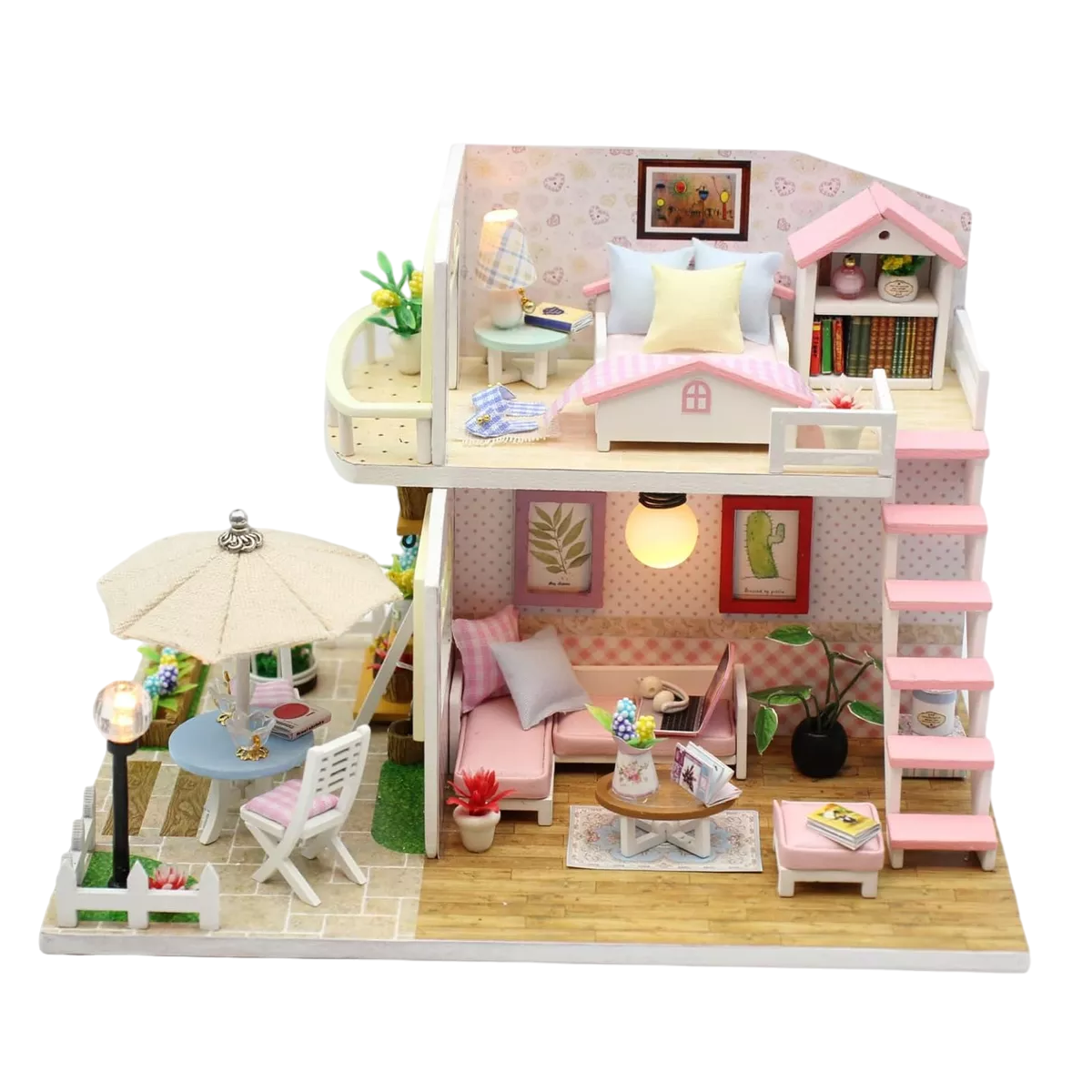 Mini Casita De Muñeca Casa De Madera Para Armar Y Accesorios Rosa