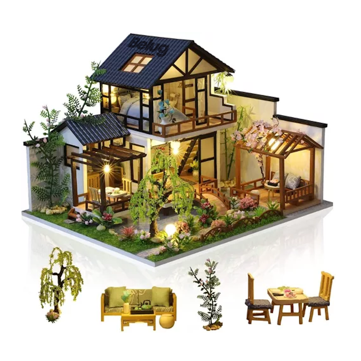 Foto 4 pulgar | Villa Casita Muñecas Con Piscina Muebles Led Miniatura