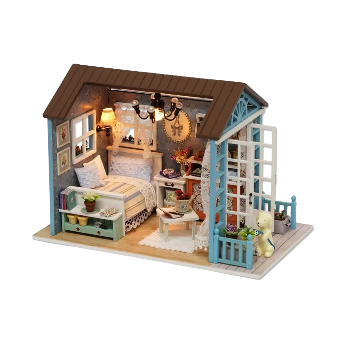 Casita Para Muñecas Casa Diy Con Muebles Led Miniatura Perro