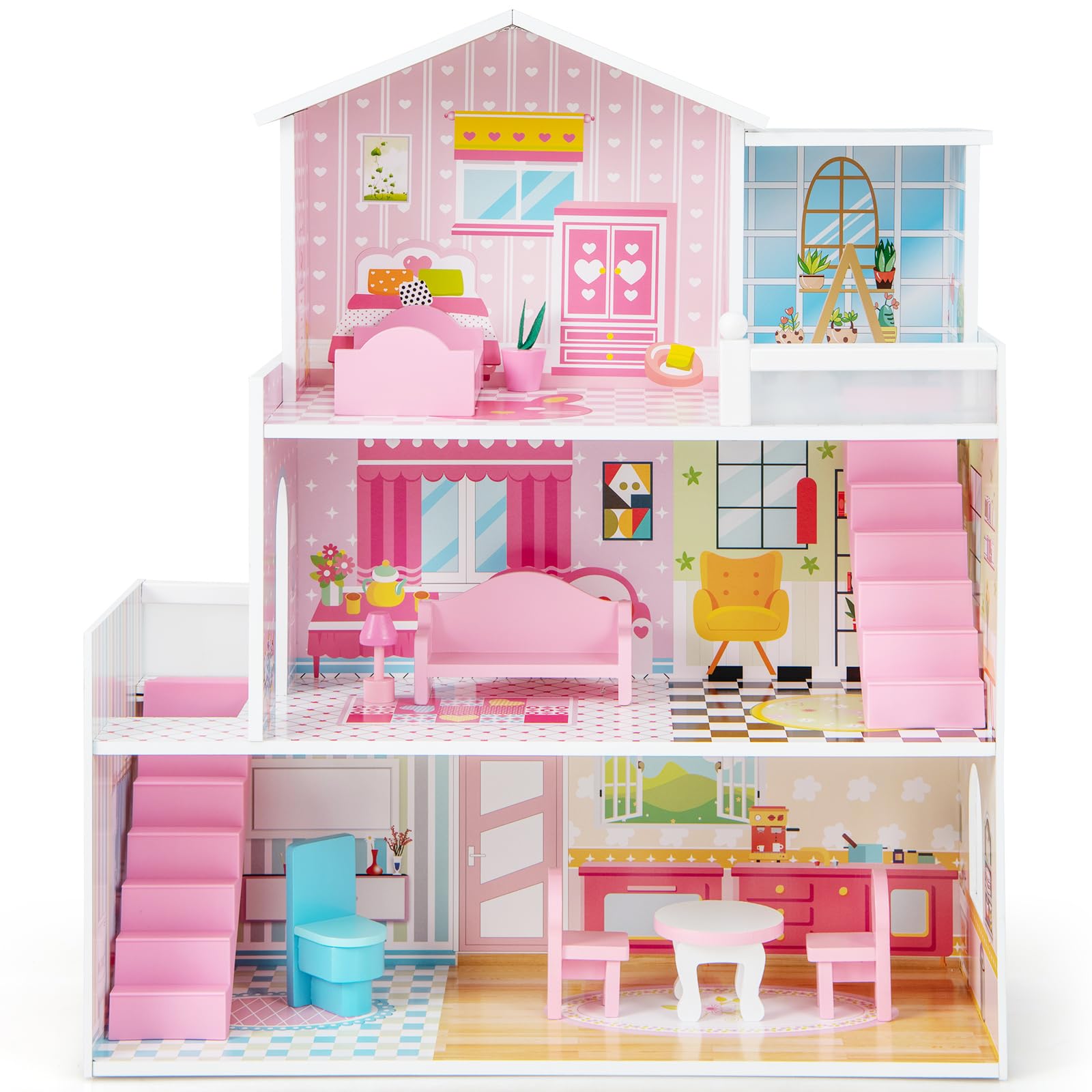 Foto 2 pulgar | Juego De Muebles Dollhouse Costzon De Madera De 3 Pisos Con 5 Habitaciones Y 10 Muebles - Venta Internacional.