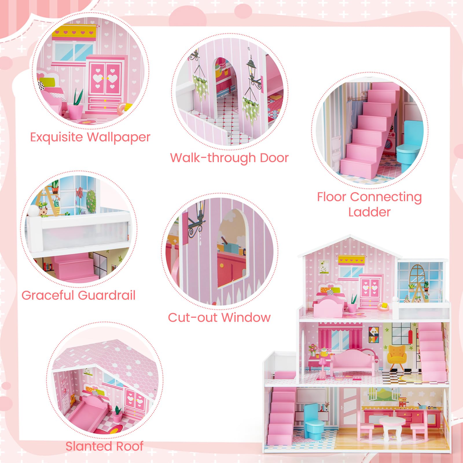 Foto 3 pulgar | Juego De Muebles Dollhouse Costzon De Madera De 3 Pisos Con 5 Habitaciones Y 10 Muebles - Venta Internacional.