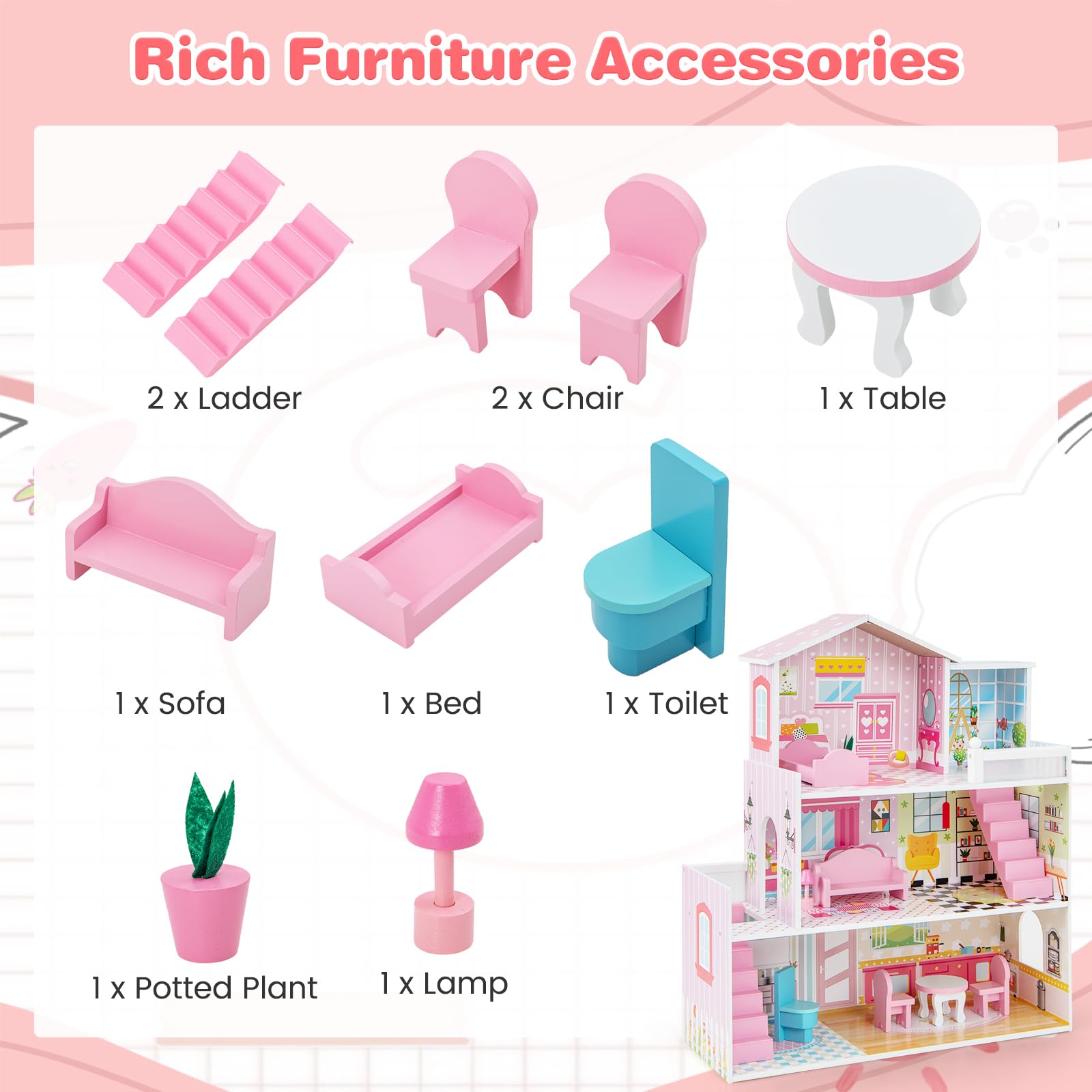Foto 4 pulgar | Juego De Muebles Dollhouse Costzon De Madera De 3 Pisos Con 5 Habitaciones Y 10 Muebles - Venta Internacional.
