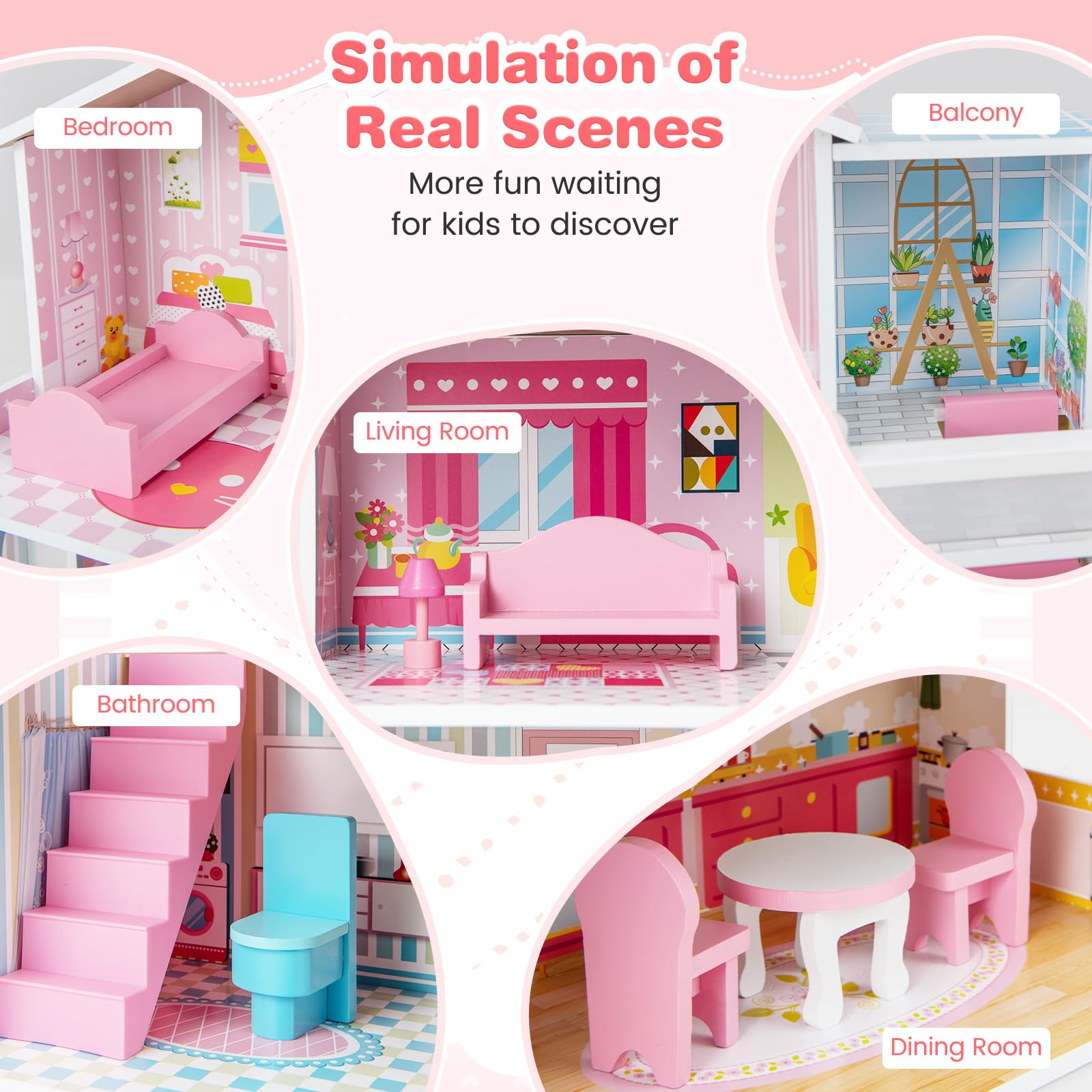 Foto 5 pulgar | Juego De Muebles Dollhouse Costzon De Madera De 3 Pisos Con 5 Habitaciones Y 10 Muebles - Venta Internacional.