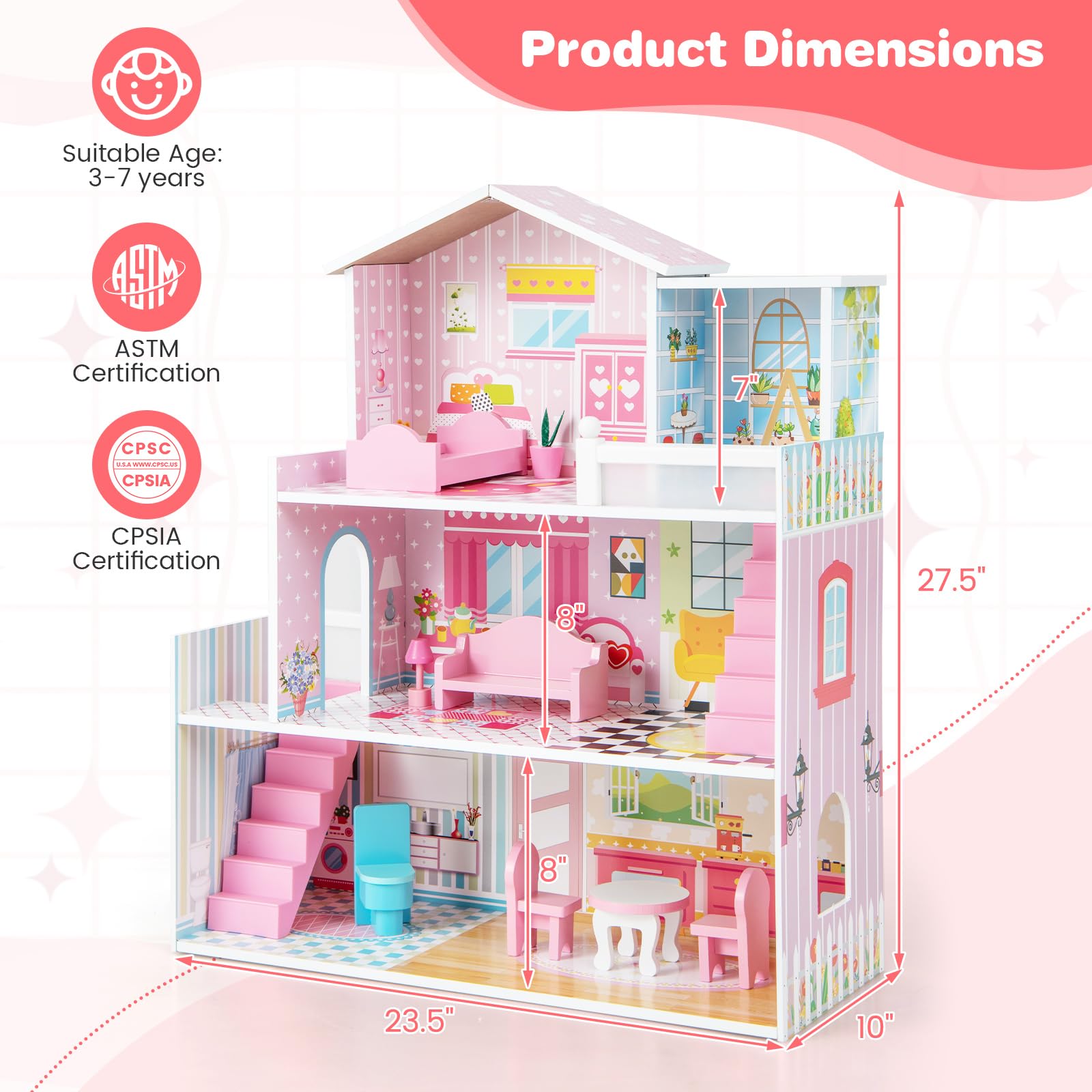 Foto 7 pulgar | Juego De Muebles Dollhouse Costzon De Madera De 3 Pisos Con 5 Habitaciones Y 10 Muebles - Venta Internacional.