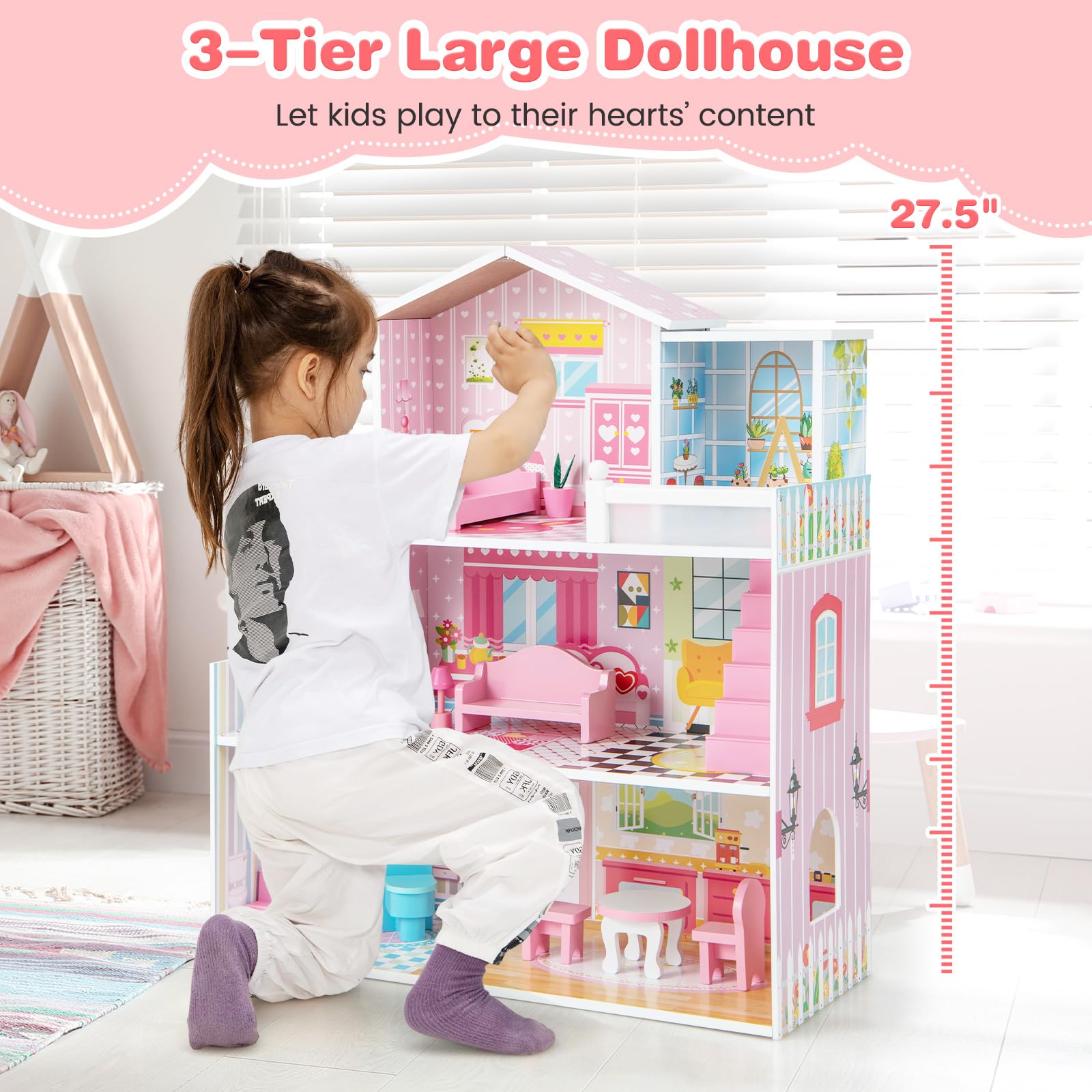Foto 8 pulgar | Juego De Muebles Dollhouse Costzon De Madera De 3 Pisos Con 5 Habitaciones Y 10 Muebles - Venta Internacional.