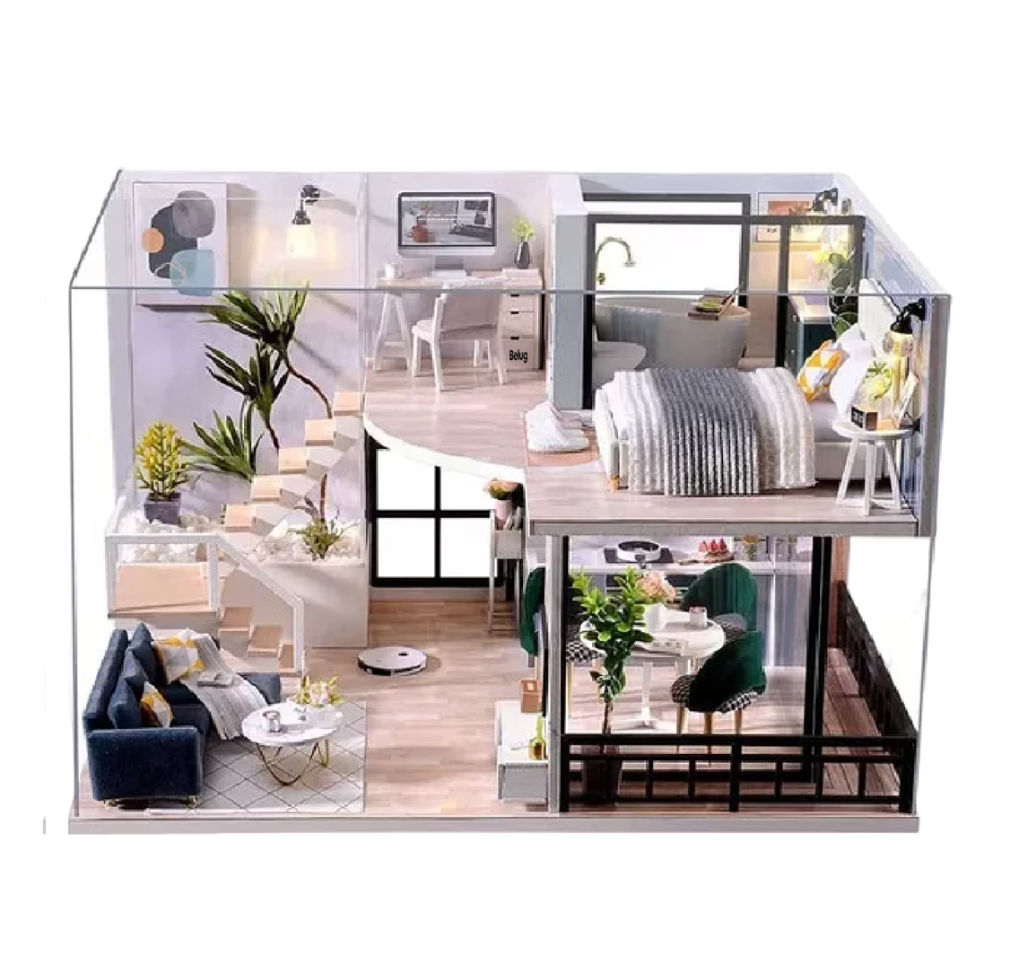 Casita De Muñeca Madera Miniatura Con Muebles Música Led, Belug Multicolor