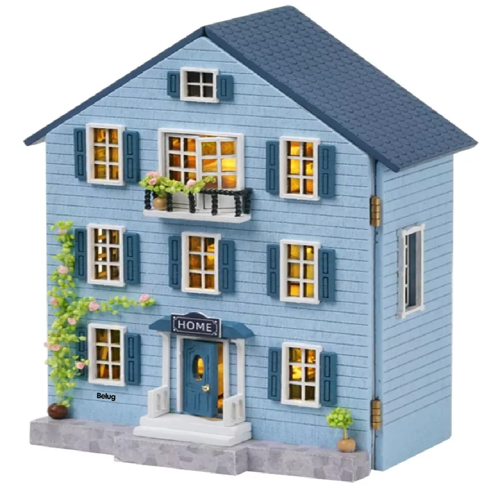 Casita De Muñeca Belug Miniatura Bloque Construcción Madera Azul