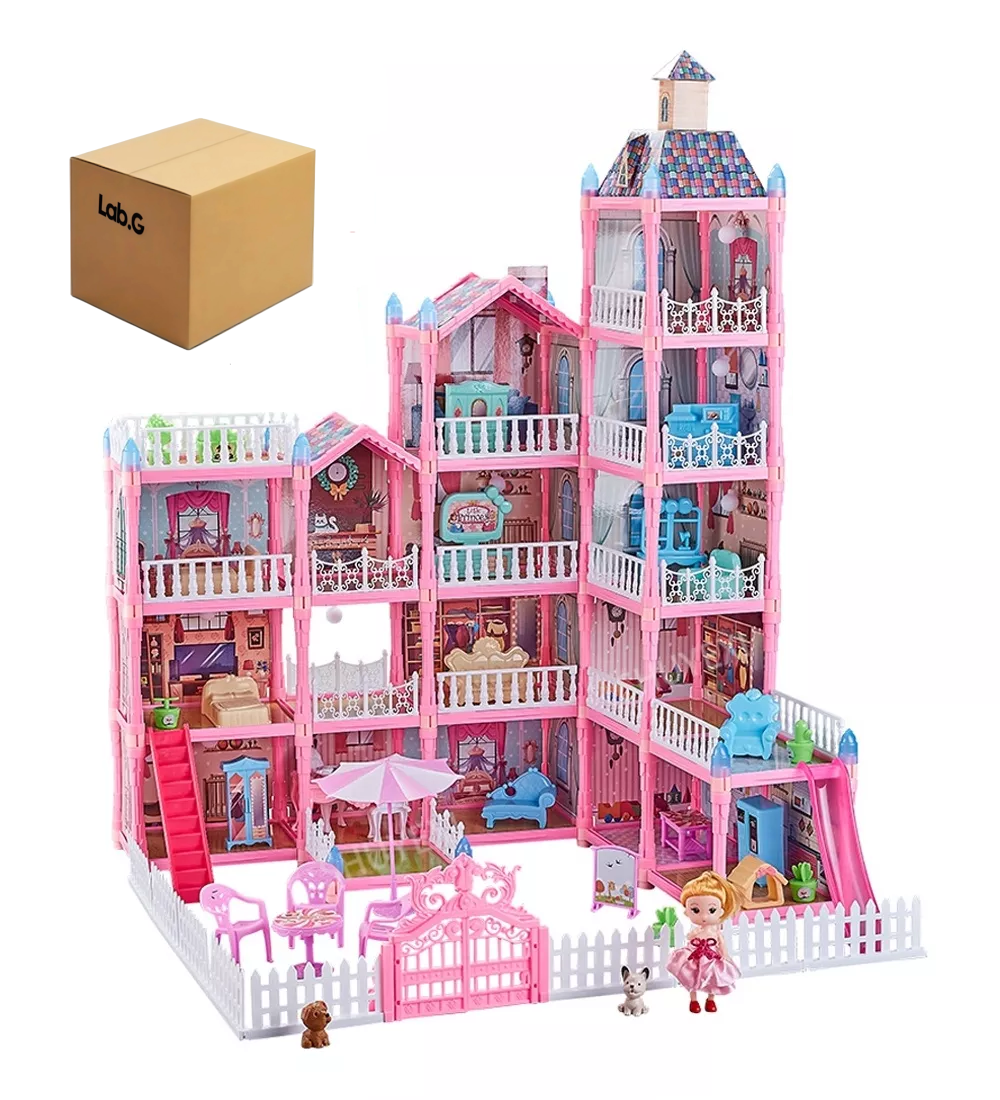 Casa De Muñecas Lab.g Para Niña Con Tobogán De Luz Led Y Muñeca, Rosa