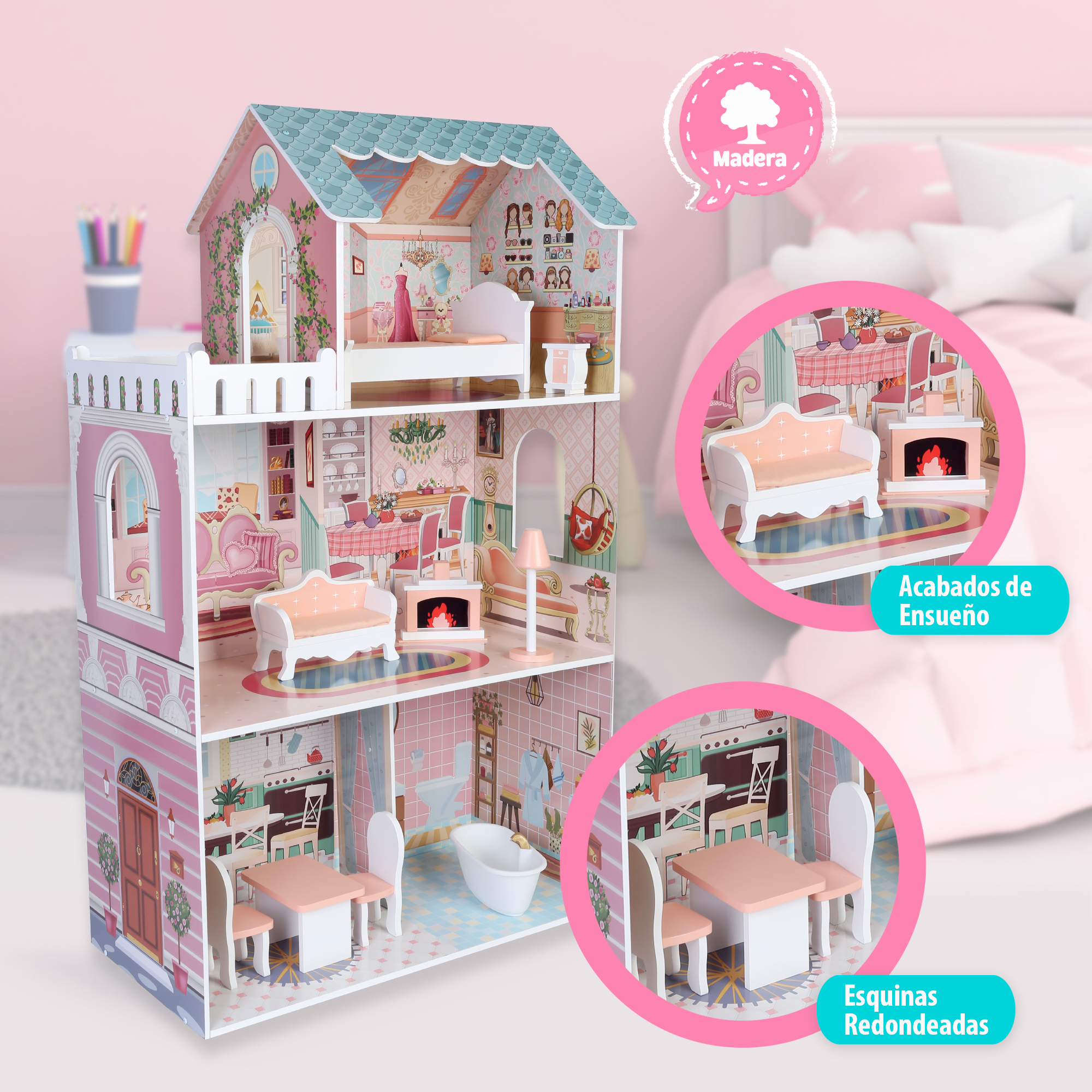 Foto 5 | Kids House Casa De Muñecas Daniela De Madera: Incluye 9 Muebles  Detalles Hermosos Y Espacio Para Muñecas Grandes