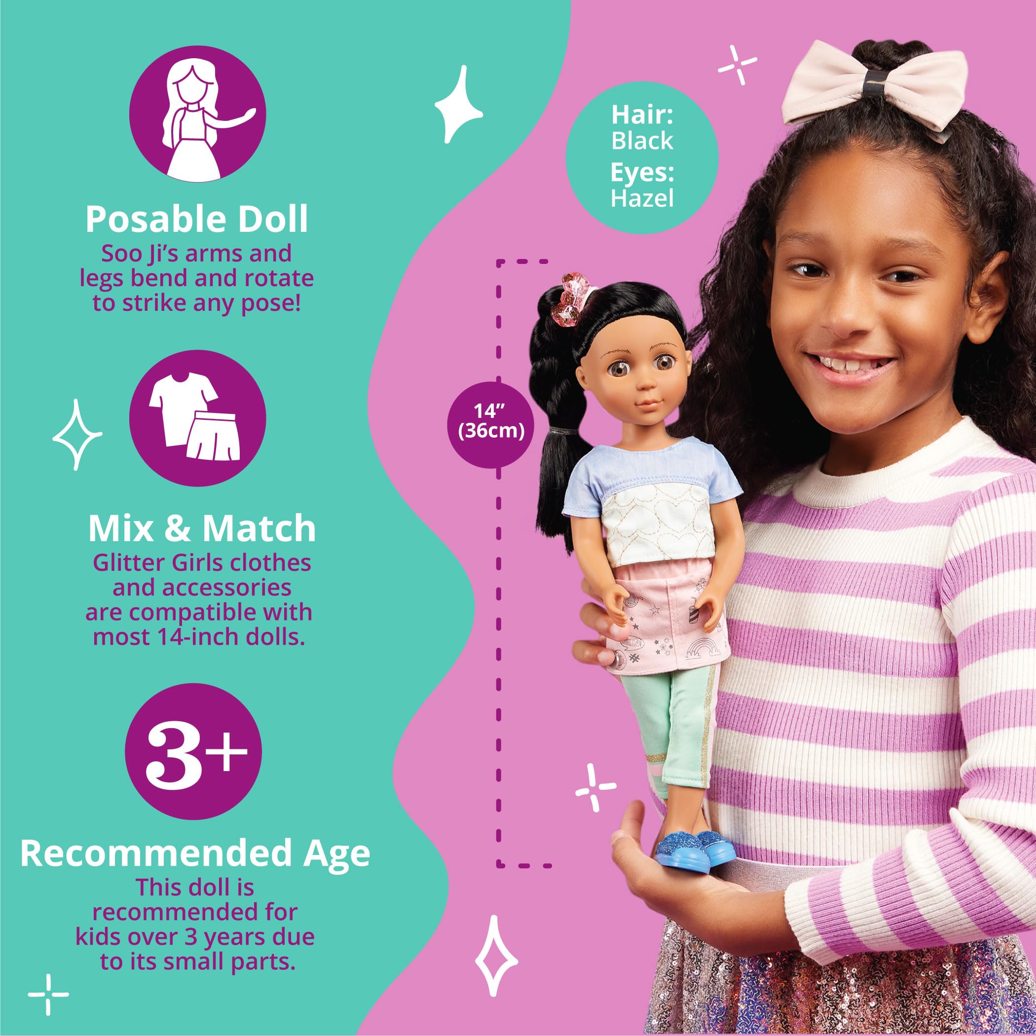 Foto 4 | Muñeca Moderna Con Purpurina Para Niñas Soo Ji, 35 Cm, Con Ropa Y Zapatos - Venta Internacional.