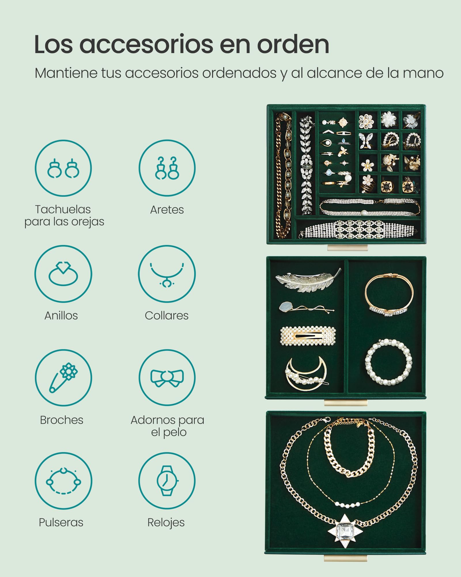 Foto 4 pulgar | Joyero Songmics De 3 Niveles, Verde Bosque Con Borde Dorado