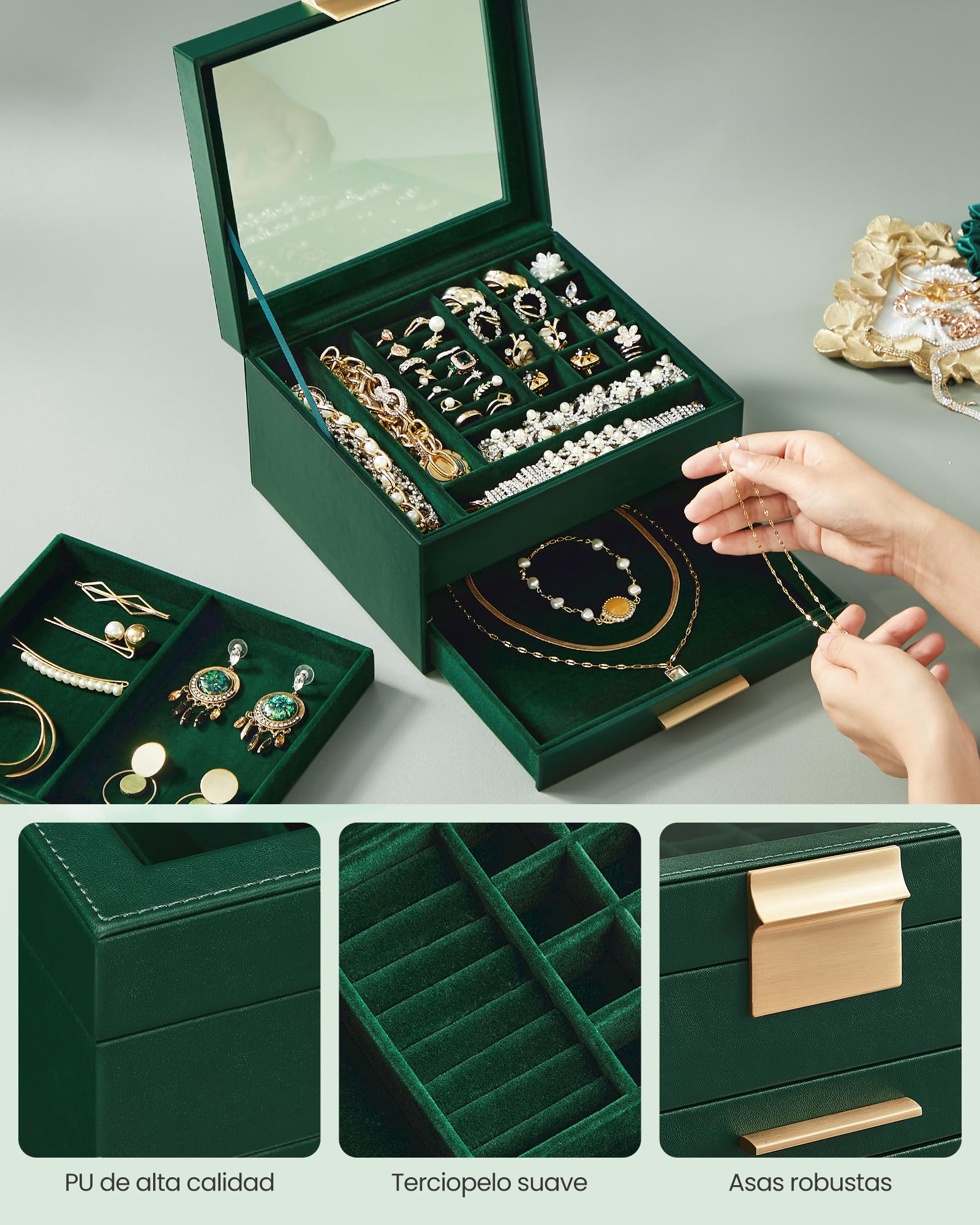 Foto 6 | Joyero Songmics De 3 Niveles, Verde Bosque Con Borde Dorado