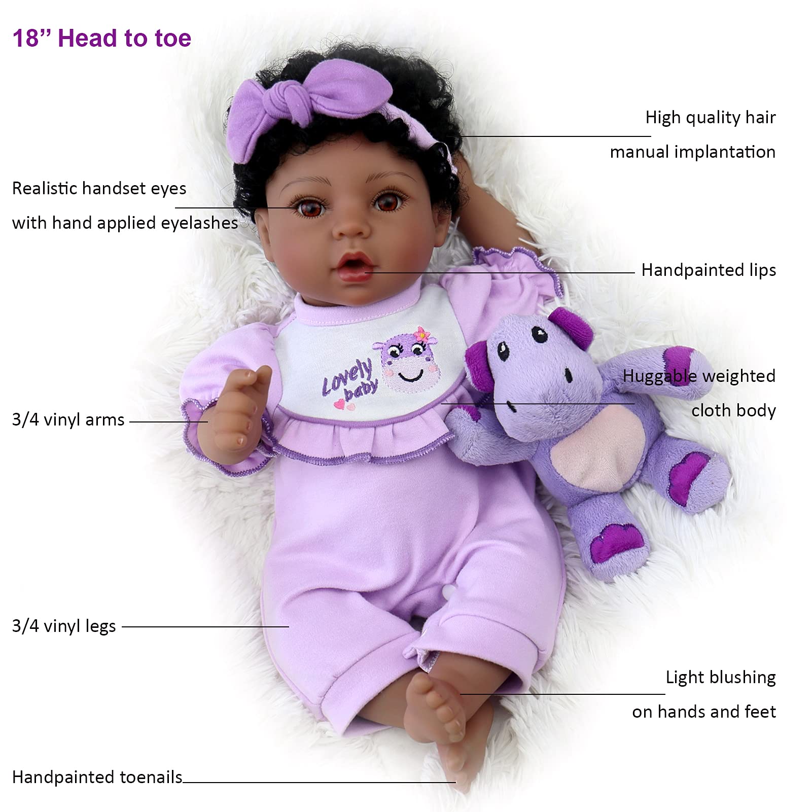 Foto 8 pulgar | Muñeca Reborn Aori Negra De 45 Cm Con Accesorios, 3 Libras - Venta Internacional.