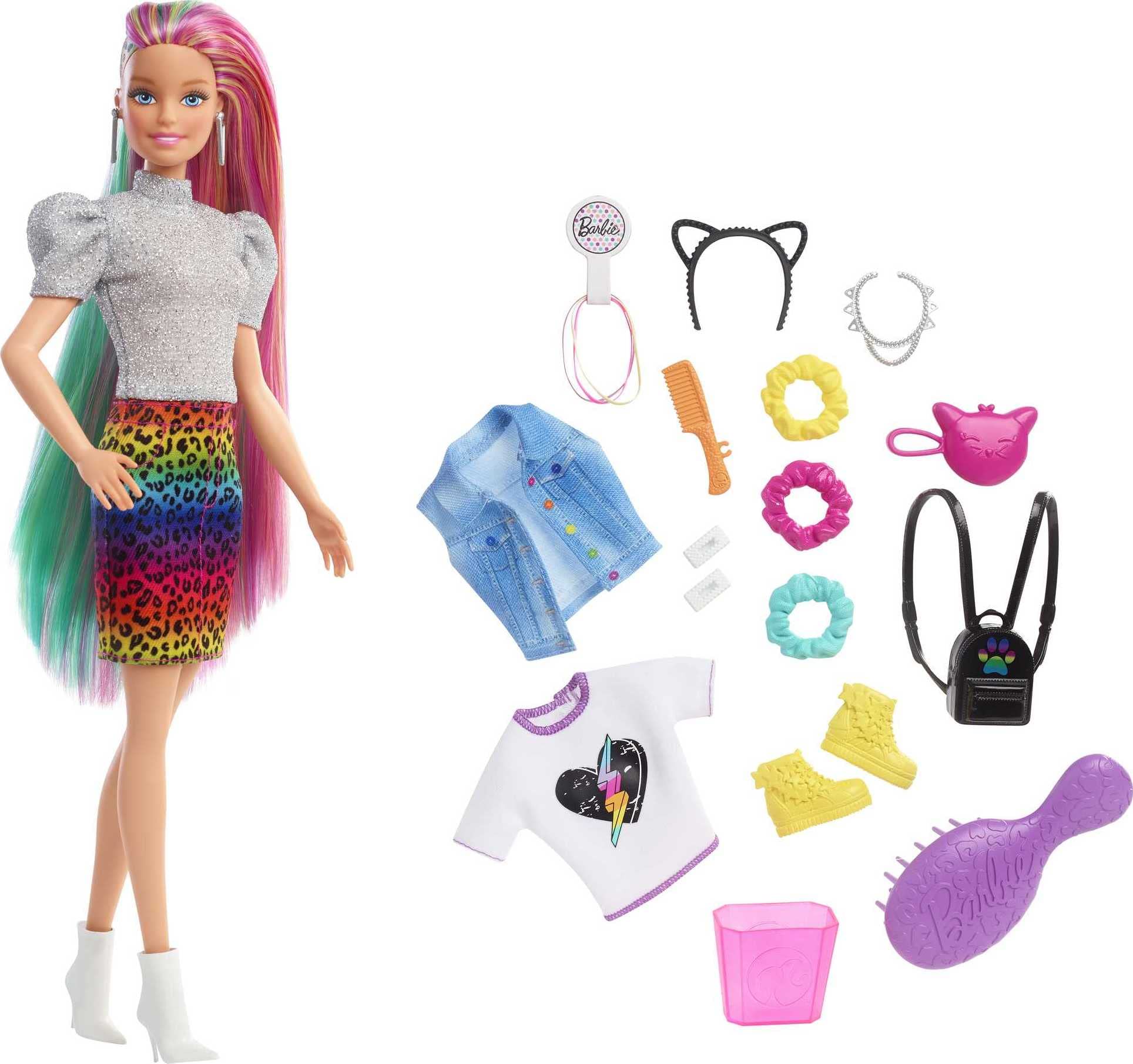 Foto 2 pulgar | Muñeca Barbie Con Pelo De Leopardo Y Arcoíris Con Mechas Que Cambian De Color - Venta Internacional.