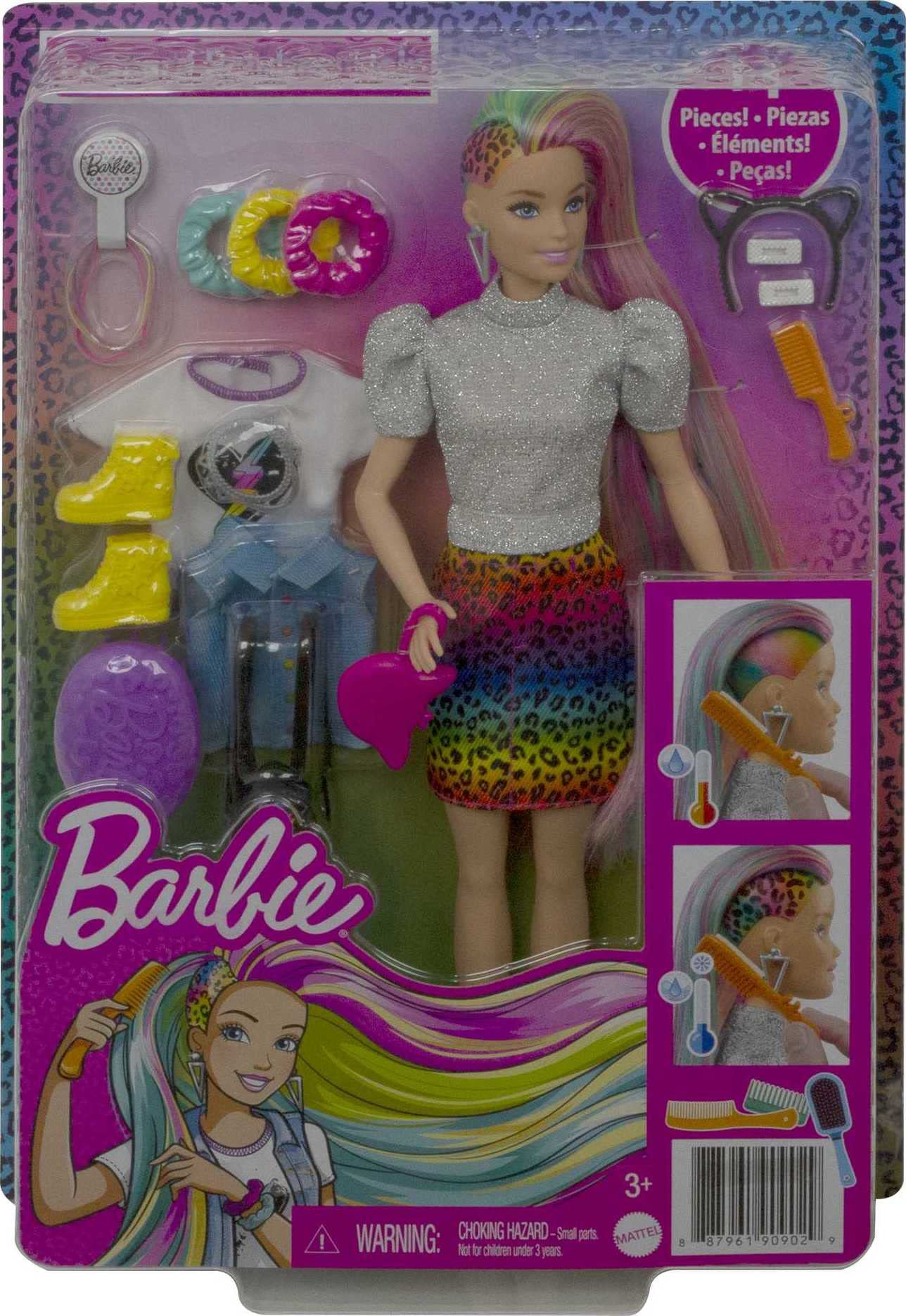 Foto 7 pulgar | Muñeca Barbie Con Pelo De Leopardo Y Arcoíris Con Mechas Que Cambian De Color - Venta Internacional.