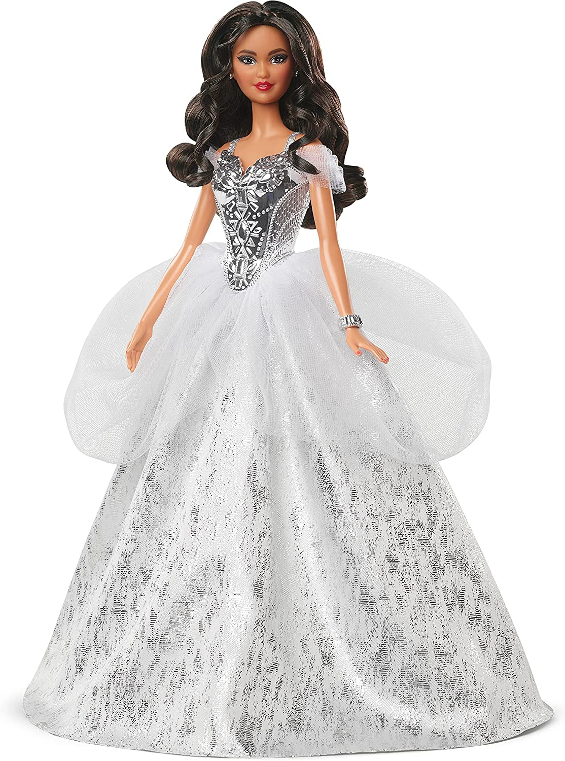 Venta Internacional- Barbie Firma 2021 Muñeca Navidad (12'', Cabello Castaño) Vestido Plateado, Soporte Y Certi