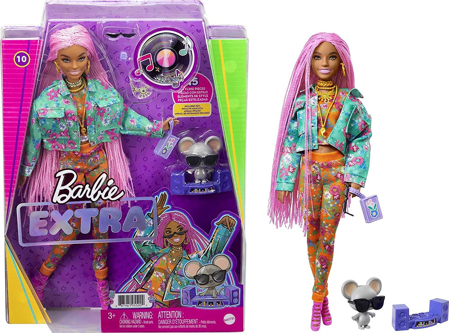 Venta Internacional- Barbie Extra Muñeca Articulada Con Trenzas Rosas Y Ropa De Flores, Accesorios De Moda Y Mascota