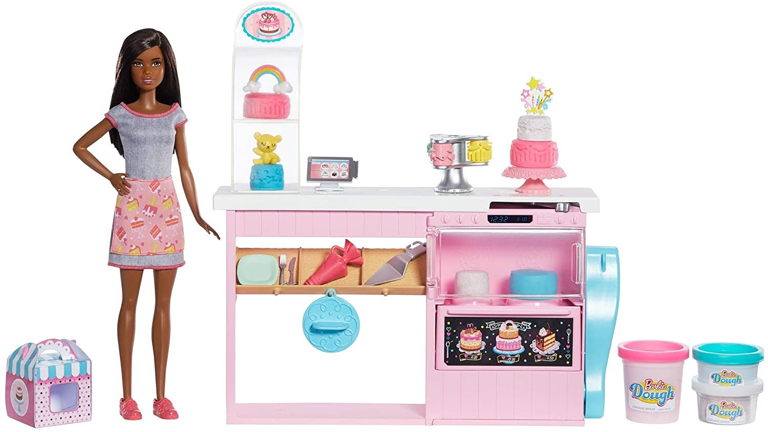 Foto 2 pulgar | Venta Internacional- Juego De Decoración De Tartas Barbie Con Muñeca Morena, Isla Para Hornear Con Horno