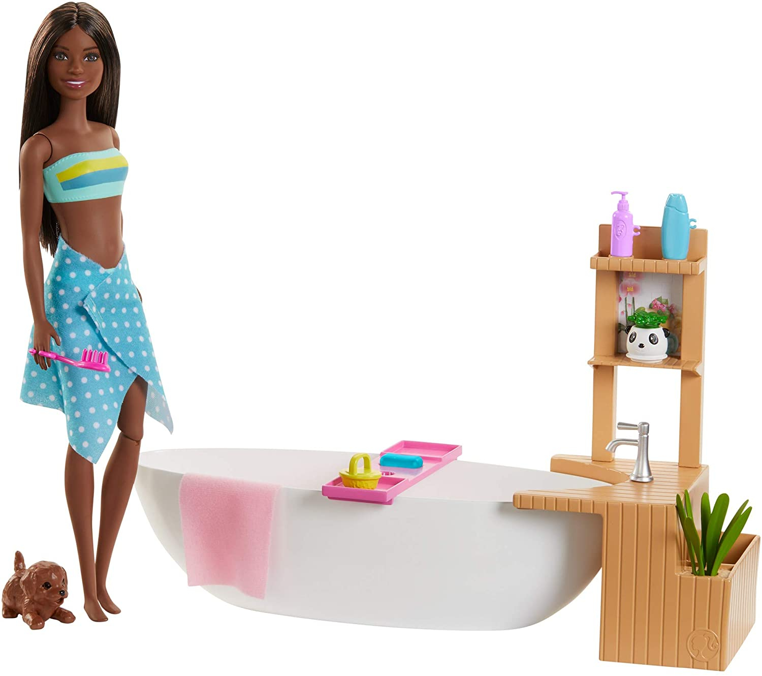 Venta Internacional- Muñeca De Baño Barbie Fizzy Y Playset, Morena, Con Tina, Polvo Fizzy, Cachorro Y Más