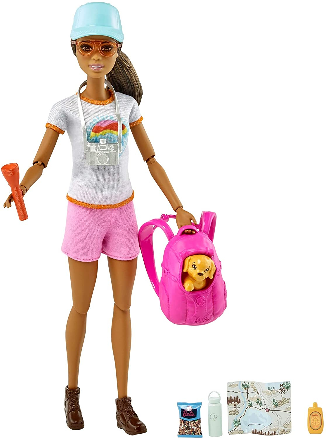 Venta Internacional-muñeca Barbie Senderismo, Morena, Con Cachorro Y 9 Accesorios