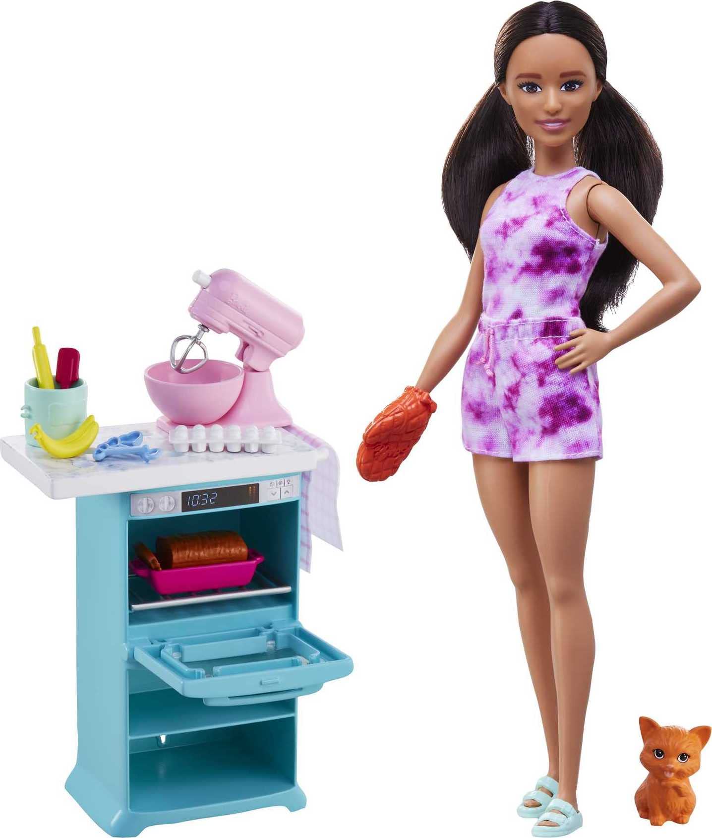 Venta Internacional- Barbie Doll & Kitchen Playset, Muñeca, Horno, Mezclador Giratorio, Gatito Para Mascotas Y Accesor
