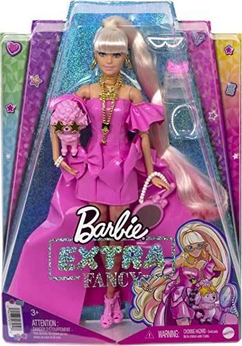 Foto 7 pulgar | Venta Internacional- Barbie Extra Fancy Look Plástico Rosa Muñeca Rubia Con Vestido Con Lazos, Bata, Perrito Y Acceso