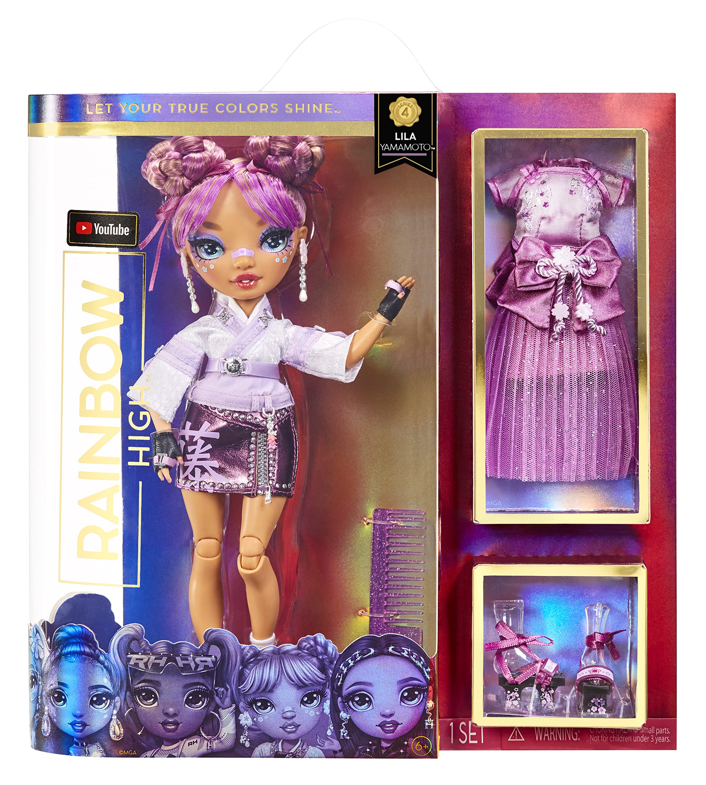 Venta Internacional- Rainbow High Lila Yamamoto- Muñeca Moda Morado Malva. 2 Trajes De Diseñador Para Combinar