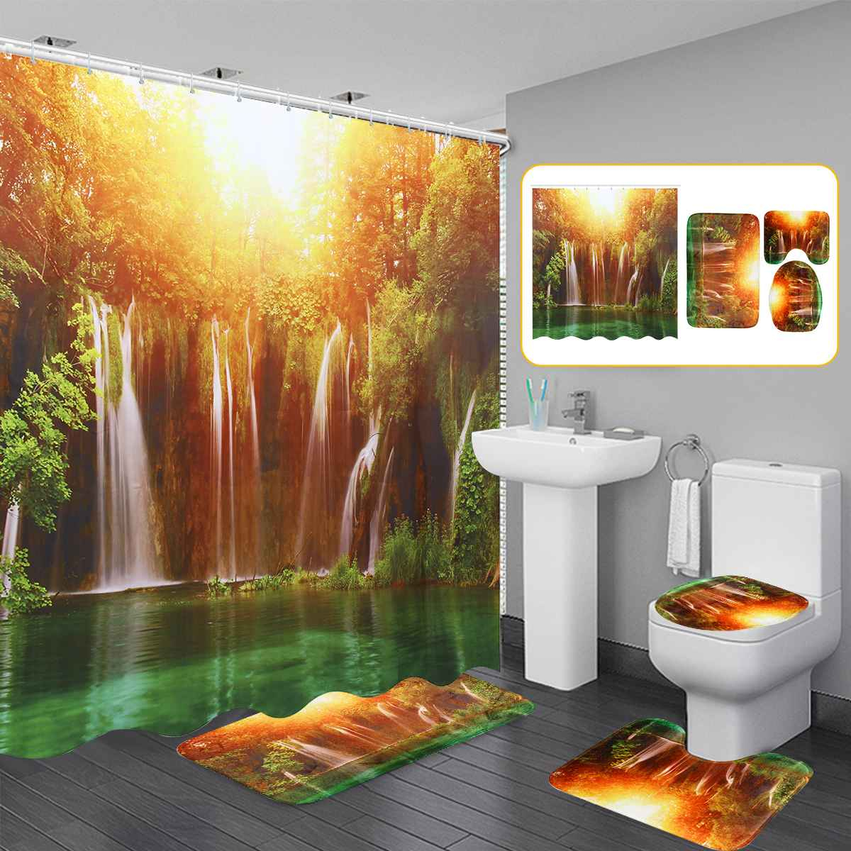 Foto 2 pulgar | Cortina De Ducha Xueqin 3d Waterfall Scenery, Impermeable - Venta Internacional.