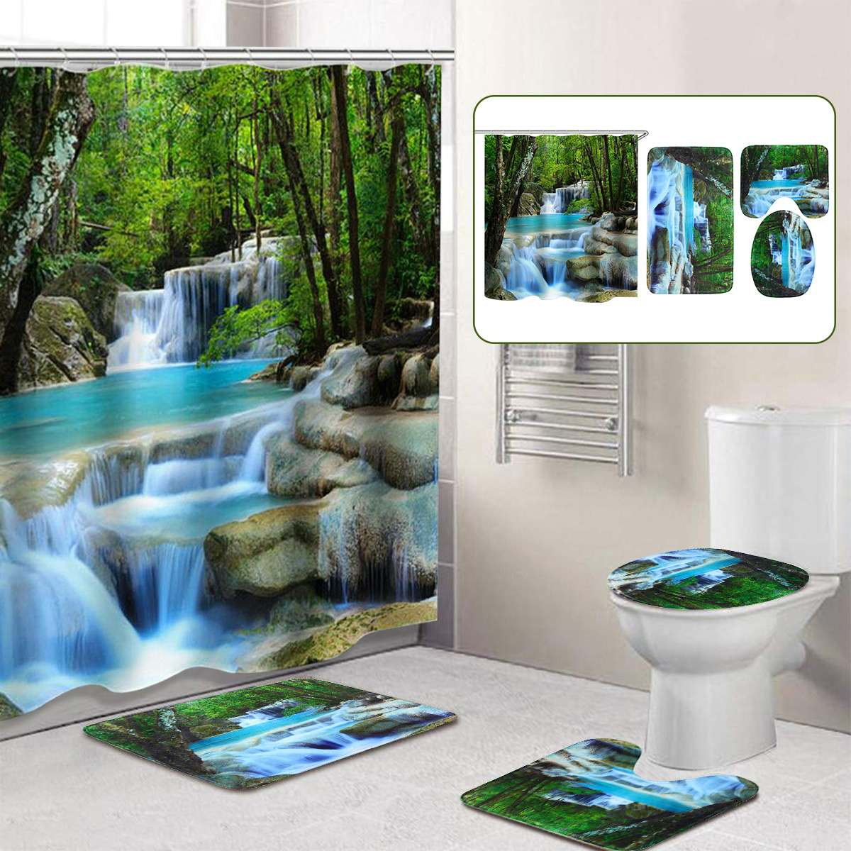 Foto 4 pulgar | Cortina De Ducha Xueqin 3d Waterfall Scenery, Impermeable - Venta Internacional.