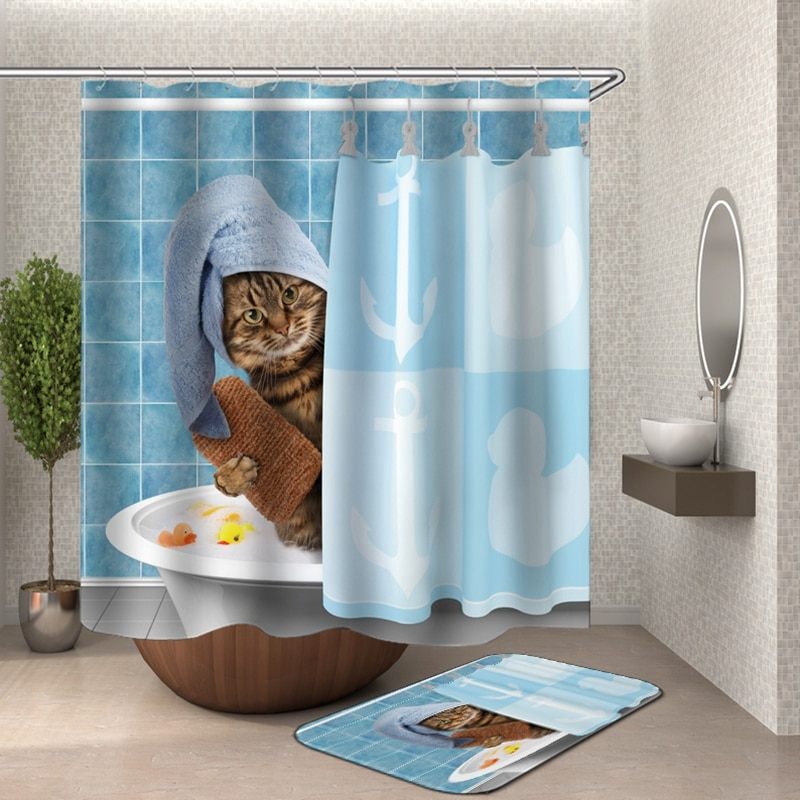 Foto 2 pulgar | Cortina De Ducha Foxscream Cartoon Cat 3d De Poliéster Impermeable - Venta Internacional.