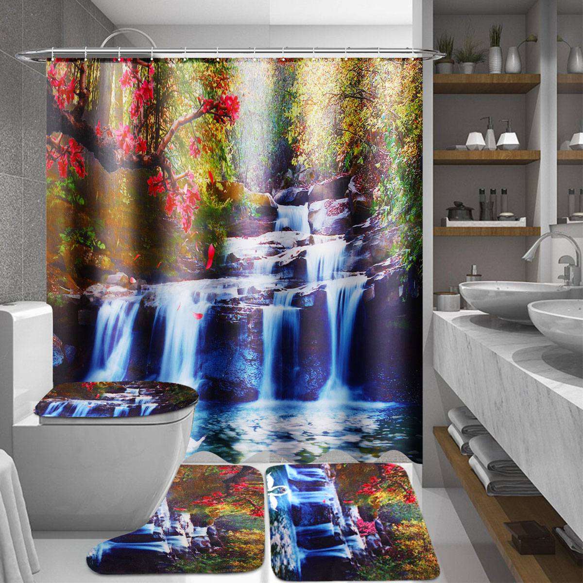 Foto 3 pulgar | Cortina De Ducha Xueqin 3d Waterfall Scenery, Impermeable - Venta Internacional.
