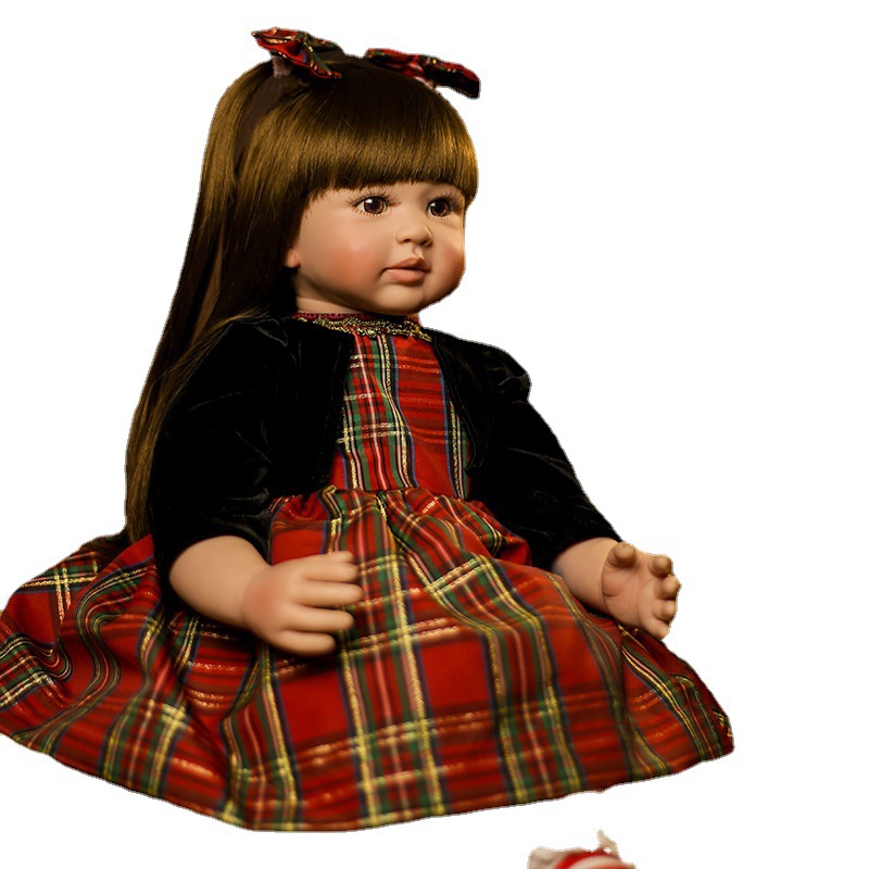 Muñeca Reborn Para Niños Pequeños De 60 Cm Con Gran Vestido Rojo A Cuadros Y Ojos Azules - Venta Internacional.