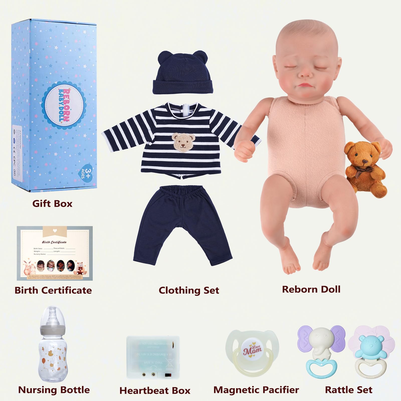 Foto 7 | Muñeca Reborn Babeside Kai Boy Con Latido De 43 Cm Para Niños Mayores De 3 Años - Venta Internacional.