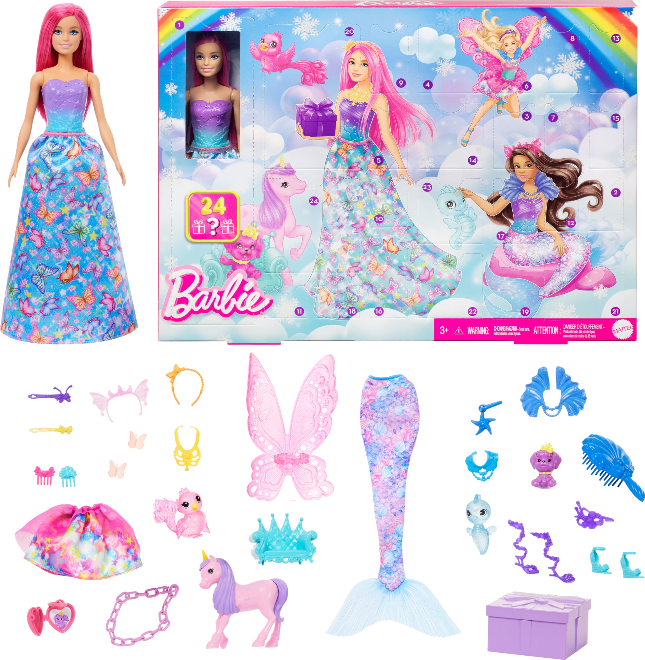 Foto 2 pulgar | Calendario De Adviento Barbie Con Muñeca Y 24 Accesorios De Unicornio Y Mascotas - Venta Internacional.