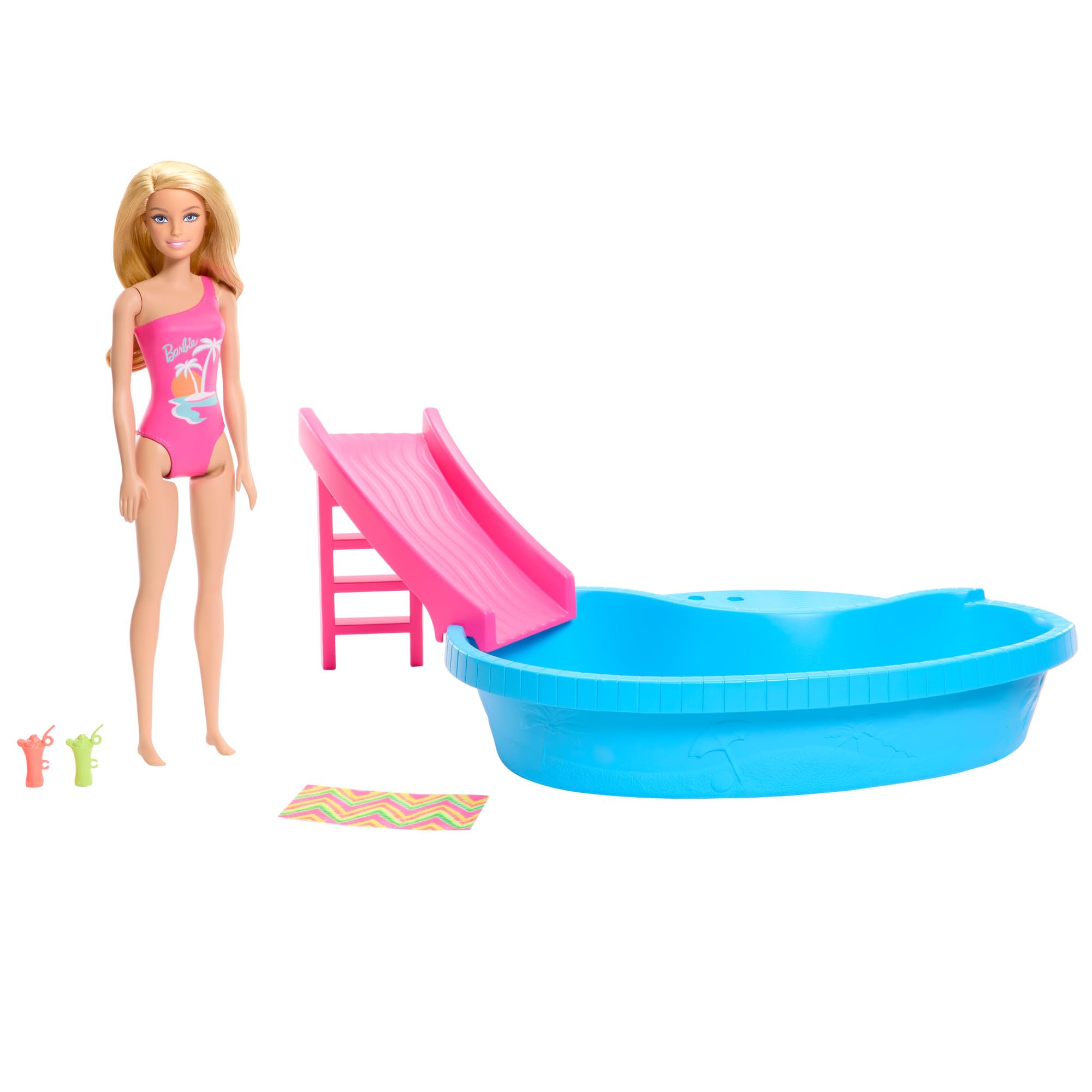 Playset Barbie Doll & Pool Con Acceso A Tobogán, Toalla Y Bebida. - Venta Internacional.