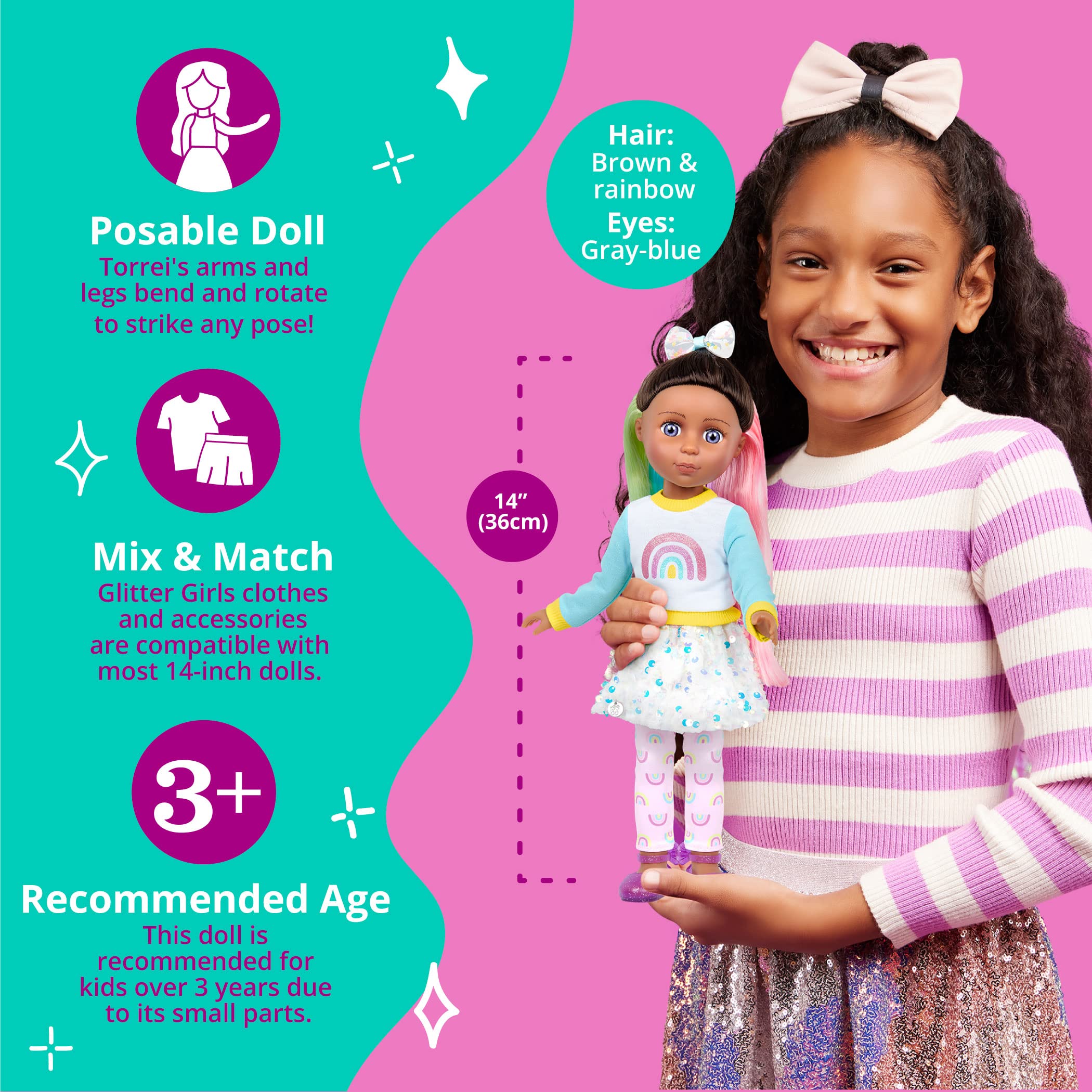 Foto 5 pulgar | Muñeca Moderna Con Purpurina Para Niñas Torrei De 14 Pulgadas Con Atuendo De Arcoíris - Venta Internacional.