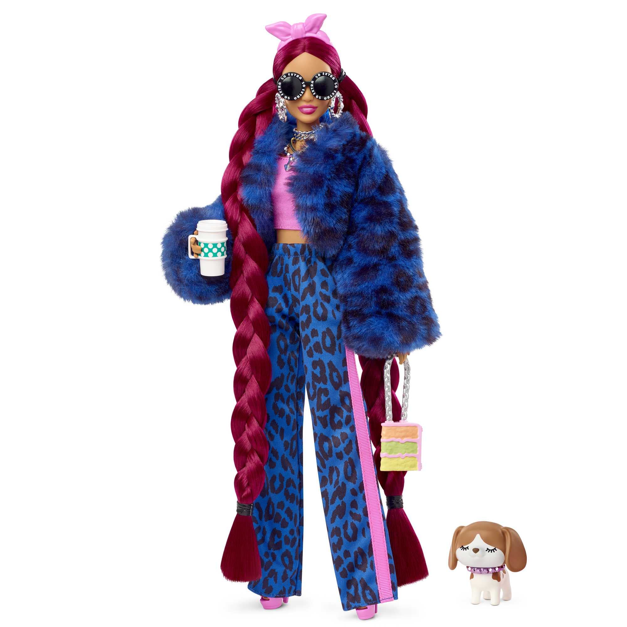 Muñeca Barbie Extra Con Chaqueta Peluda Y Mascota Con Trenzas Burdeos - Venta Internacional.