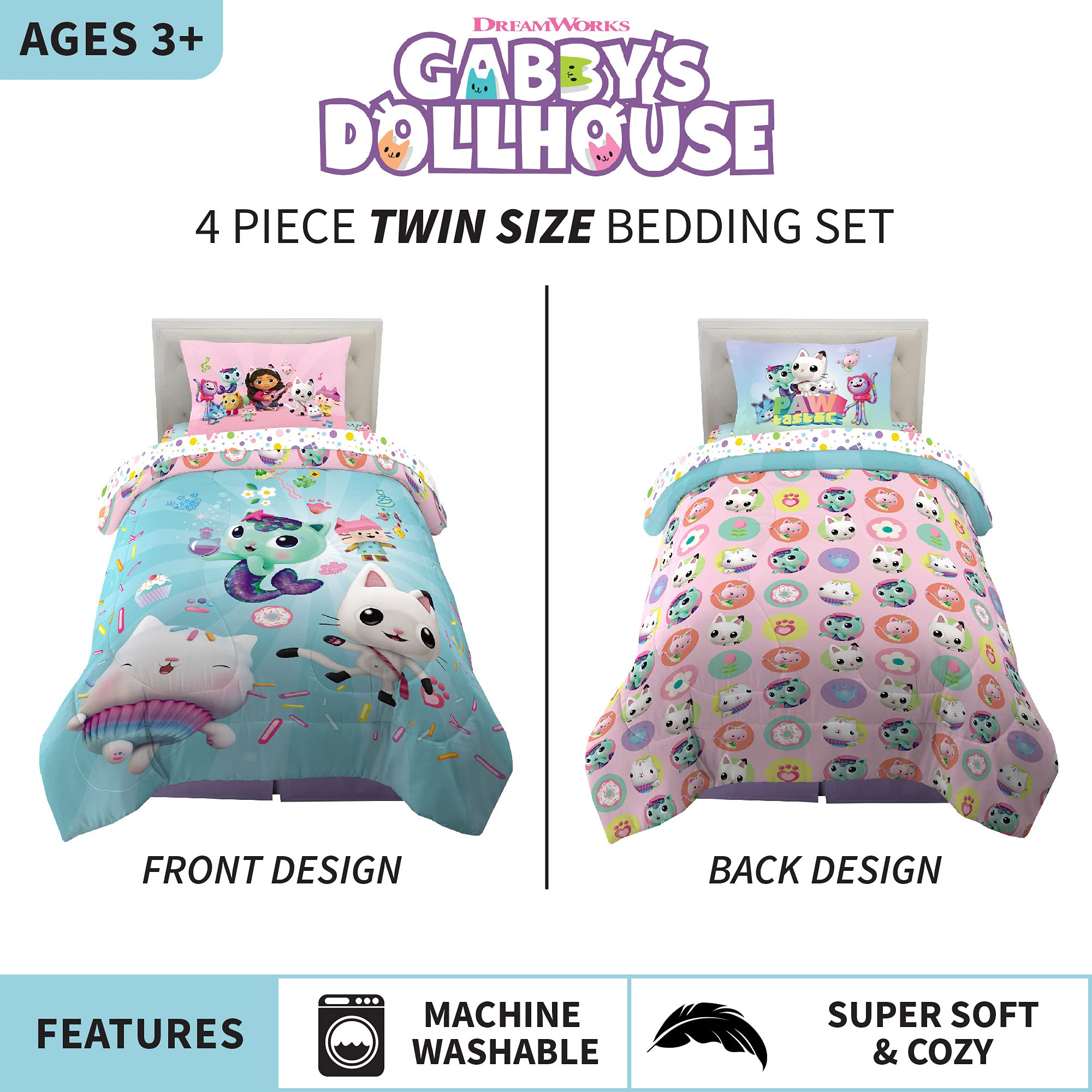 Foto 3 pulgar | Juego De Ropa De Cama Dreamworks Gabby's Dollhouse Cakey, Mercat And Pandy - Venta Internacional.