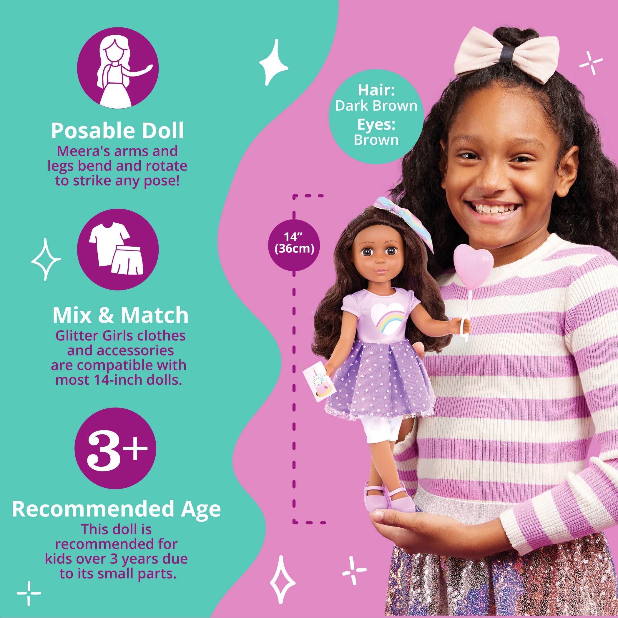 Foto 2 | Muñeca Meera Con Purpurina Para Niñas, 35 Cm, Con Accesorios Para Fiestas De Cumpleaños - Venta Internacional.