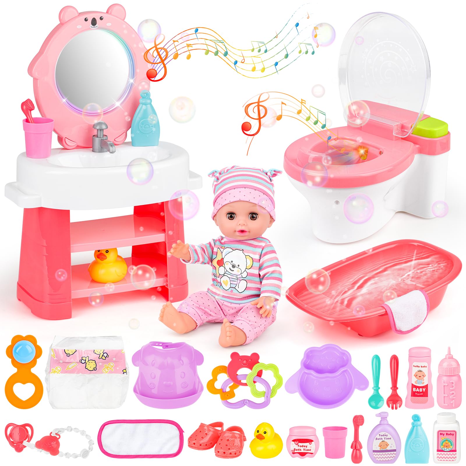 Set De Muñecas Deao De 30 Cm Con Lavabo, Inodoro Y Bañera, 26 Piezas - Venta Internacional.