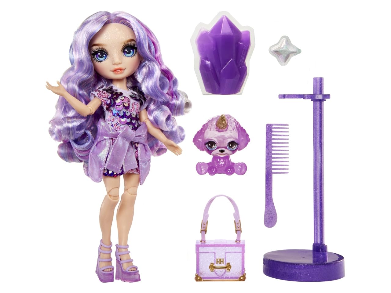Foto 7 pulgar | Muñeca Moderna Rainbow High Violet Con Limo Y Mascota De 28 Cm, Color Morado - Venta Internacional.