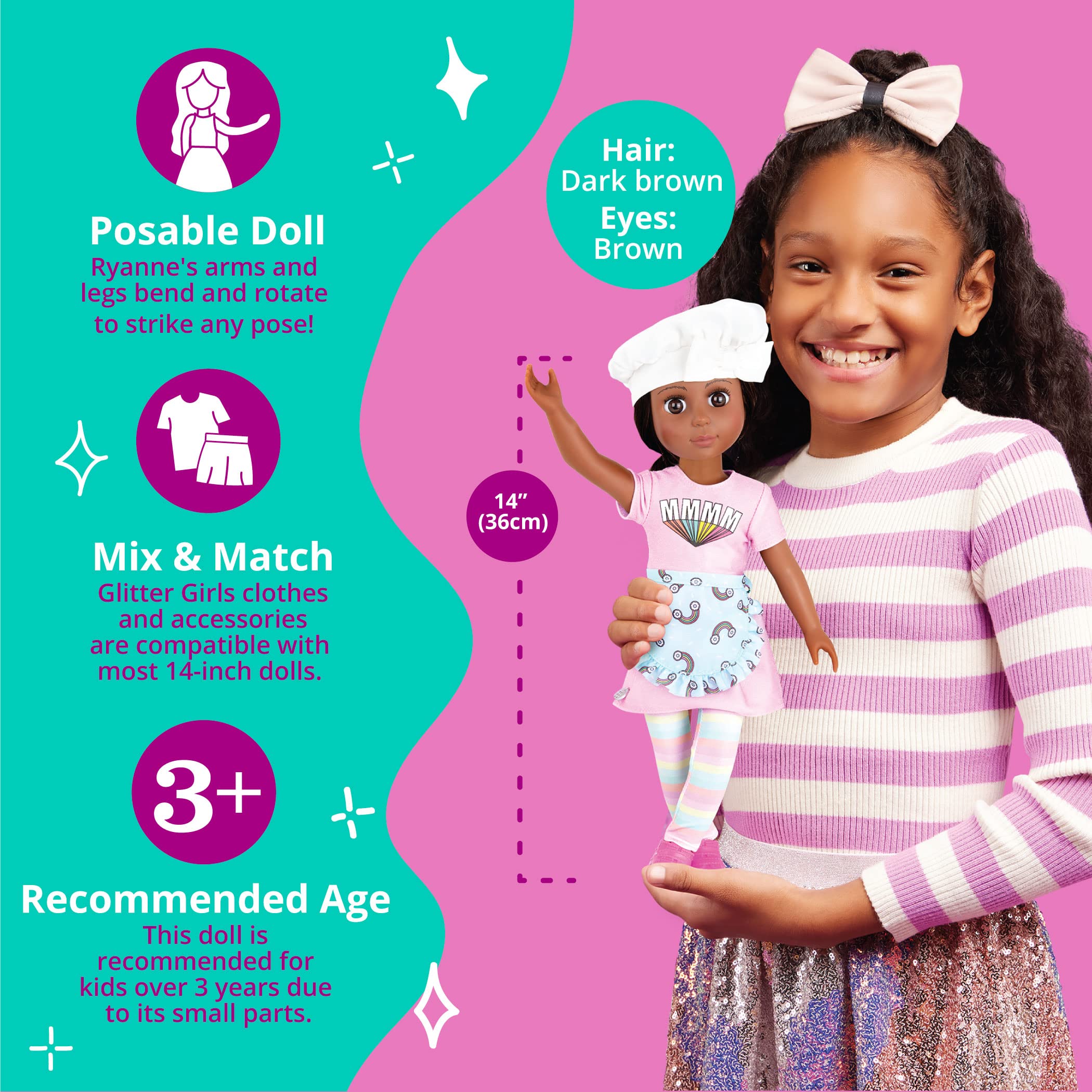 Foto 5 pulgar | Muñeca Posable Con Purpurina Para Niñas Ryanne De 14 Pulgadas Con Atuendo De Arcoíris - Venta Internacional.