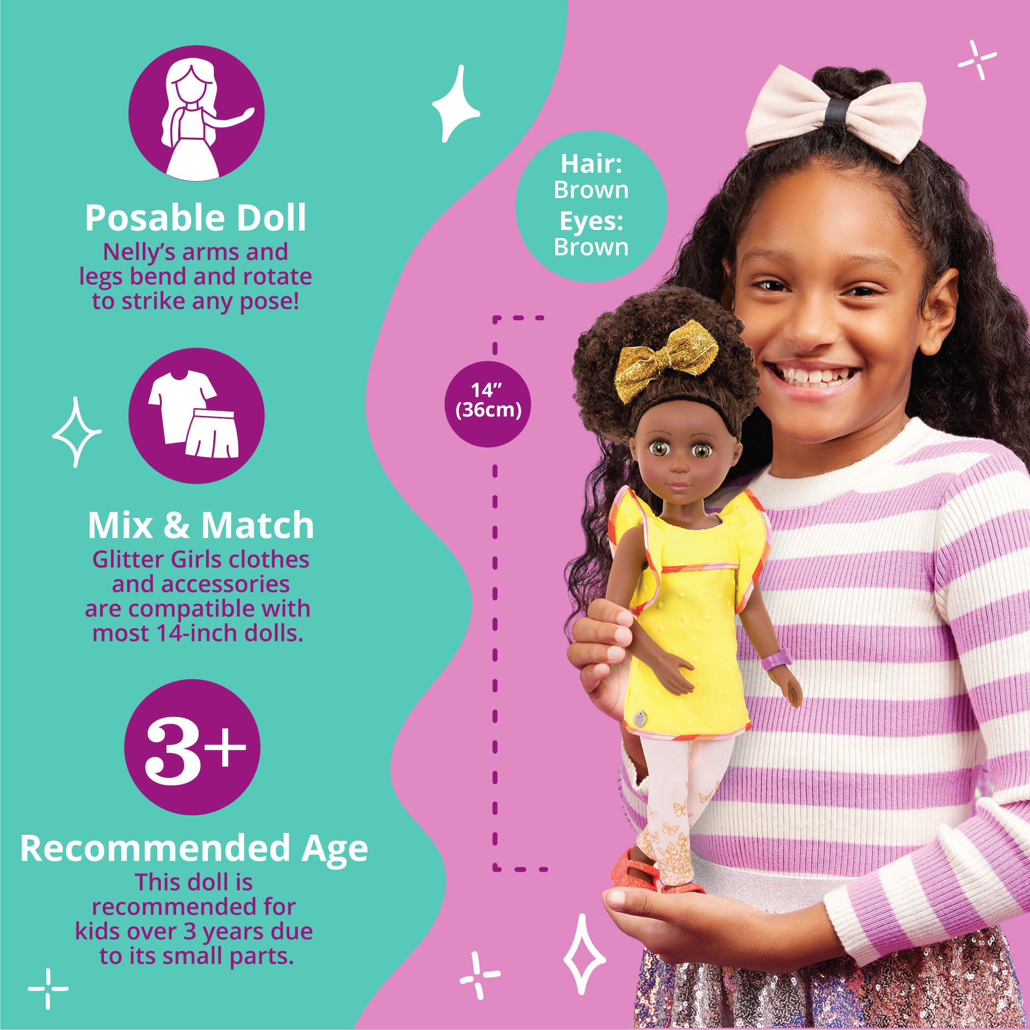 Foto 4 | Muñeca Moderna Con Purpurina Para Niñas Nelly, 35 Cm, Con Ropa Y Accesorios - Venta Internacional.