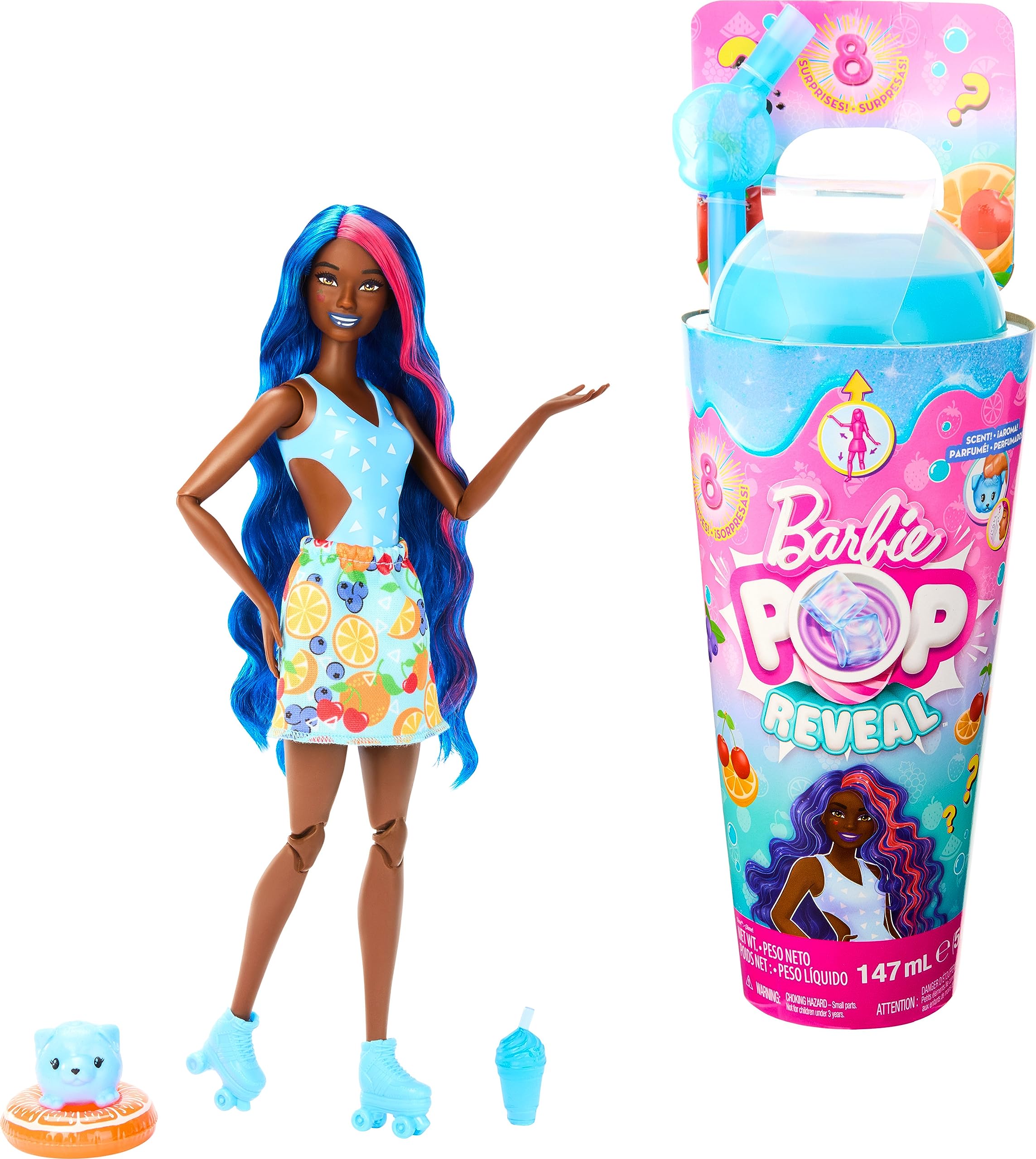 Muñeca Barbie Pop Reveal Con Aroma A Ponche De Frutas Con Pelo Azul, 8 Sorpresas - Venta Internacional.