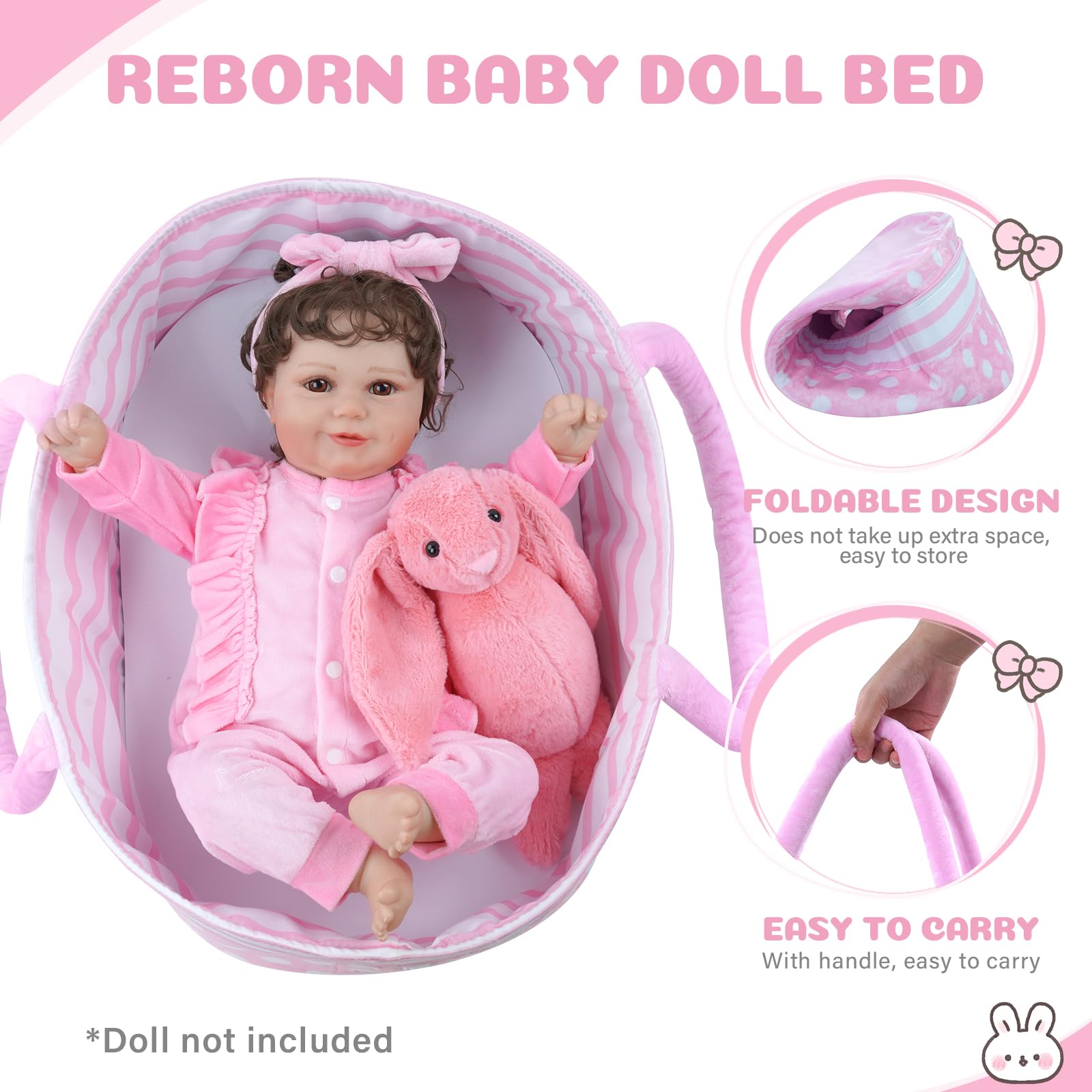 Foto 4 pulgar | Cuna Para Muñecas Babeside Reborn Baby Plegable Con Asa, Color Rosa - Venta Internacional.