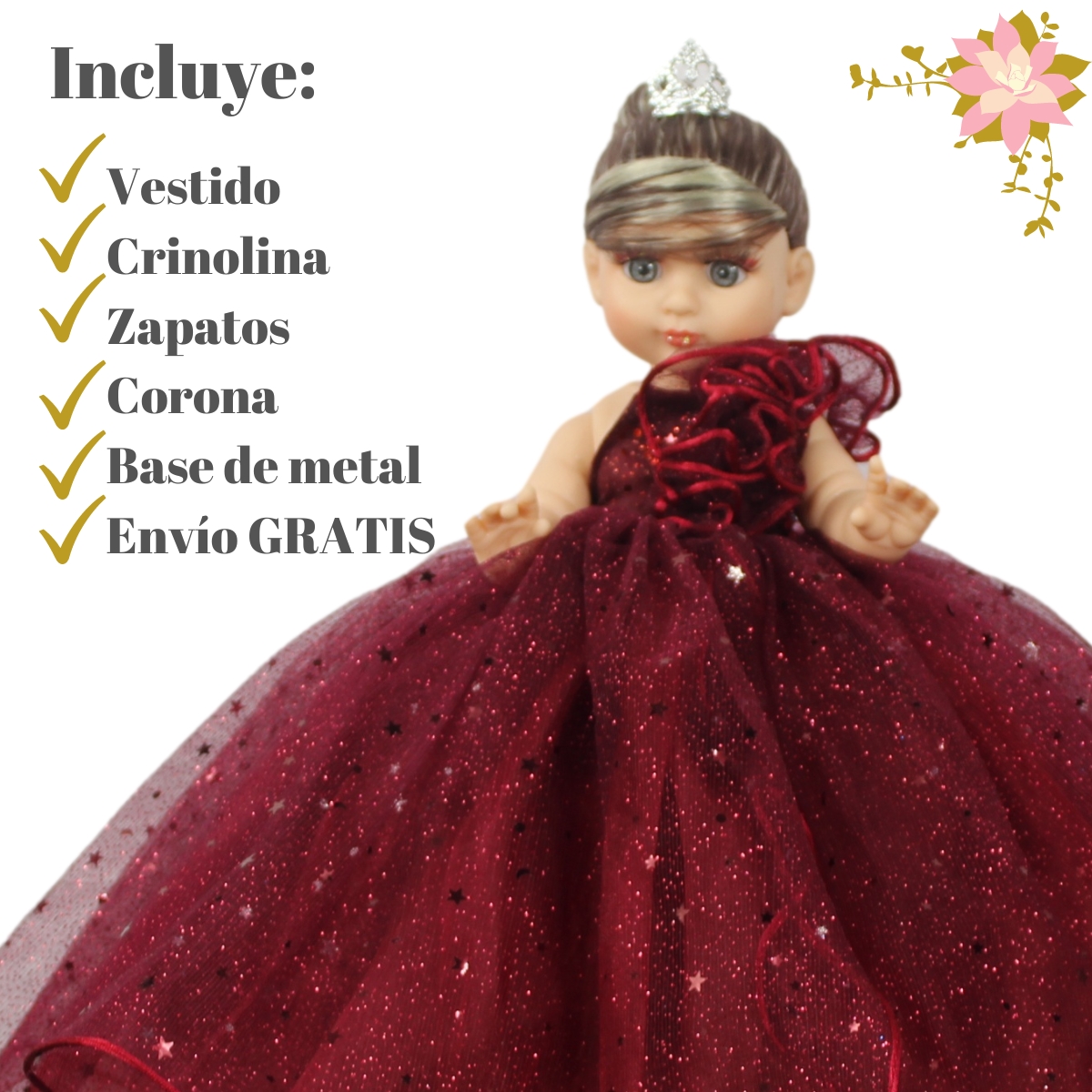 Foto 3 pulgar | Muñeca Quinceañera Recuerdo 15 Año Tinto Guinda 33 Cm