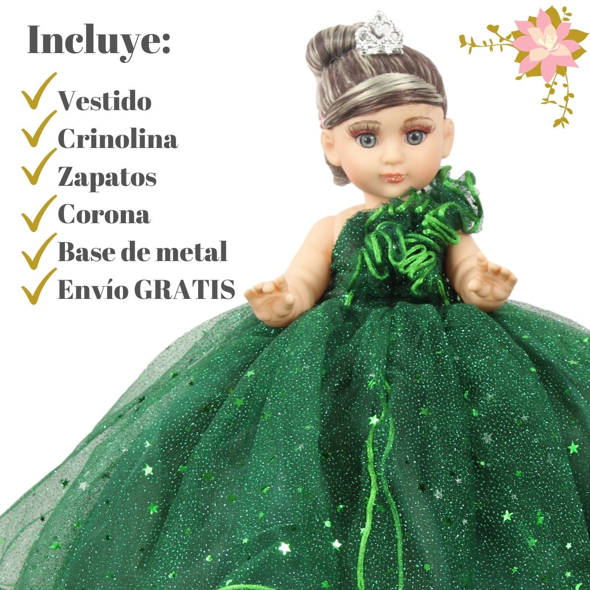 Foto 3 pulgar | Muñeca Quinceañera Recuerdo 15 Años Verde Esmeralda 33 Cm