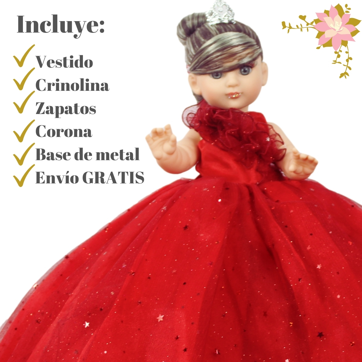 Foto 3 pulgar | Muñeca Quinceañera Recuerdo 15 Año Rojo 33 Cm