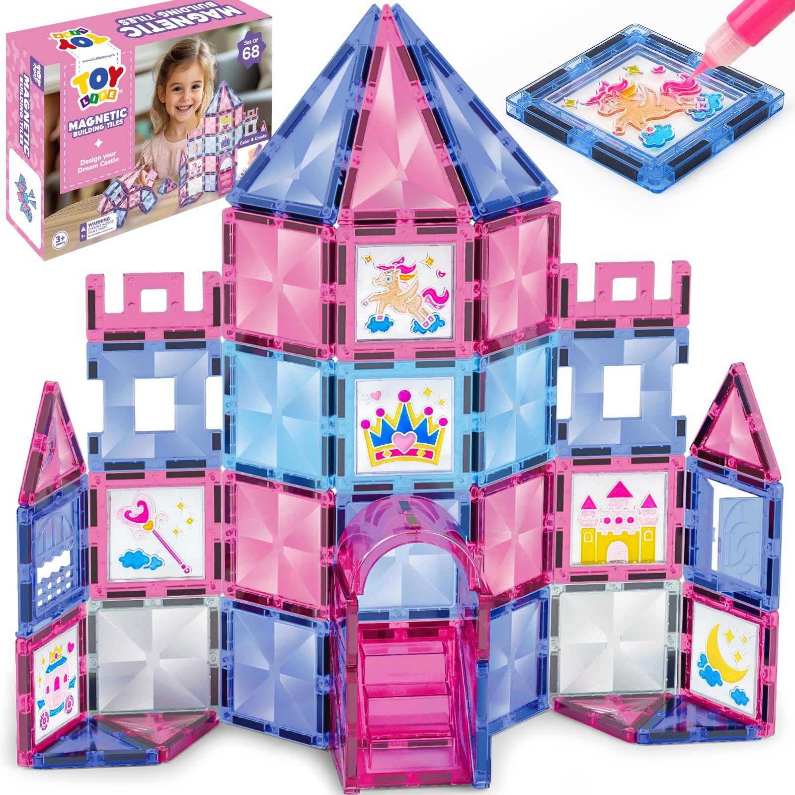 Juego De Azulejos Magnéticos Toy Life Princess Castle, 68 Piezas, Más De 3 Años - Venta Internacional.